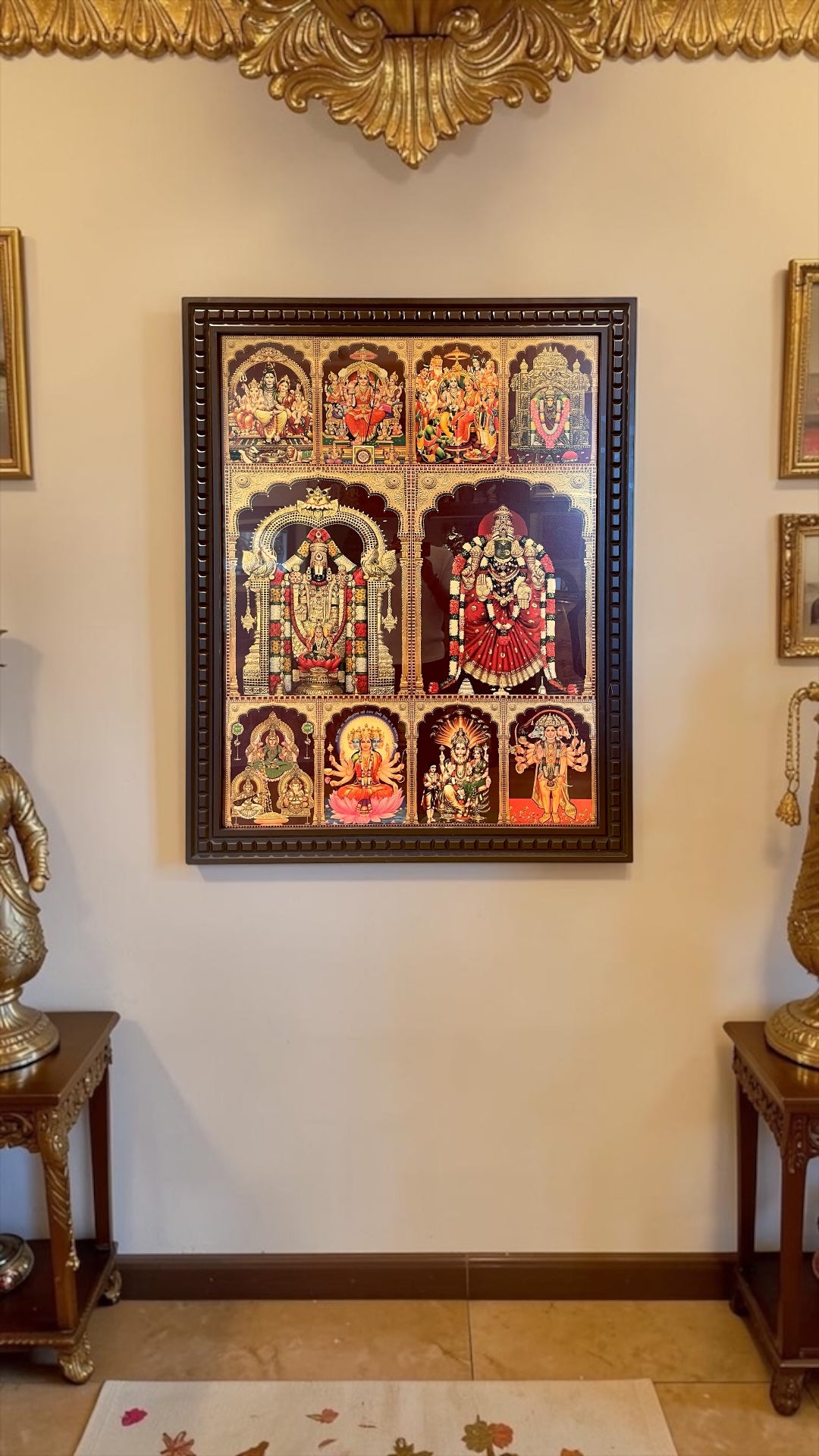 10 Gods in One Frame Gold Leaf Art | Premium Wooden Frame Pooja Wall Decor | Luxury Temple Wall Art.