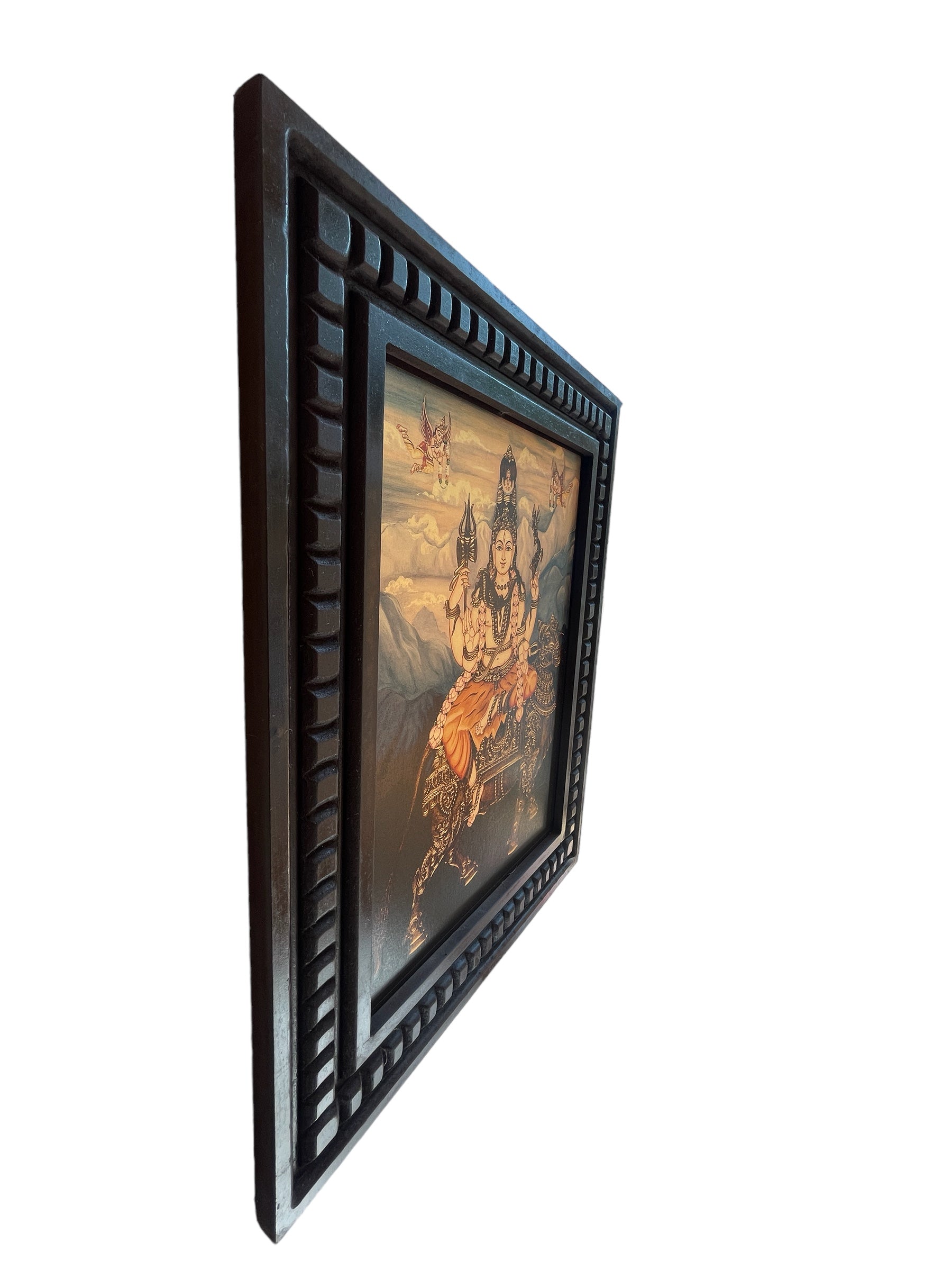 Shiva blessing seated on Vahan Nandi Gold Leafed Art With Wooden Frame