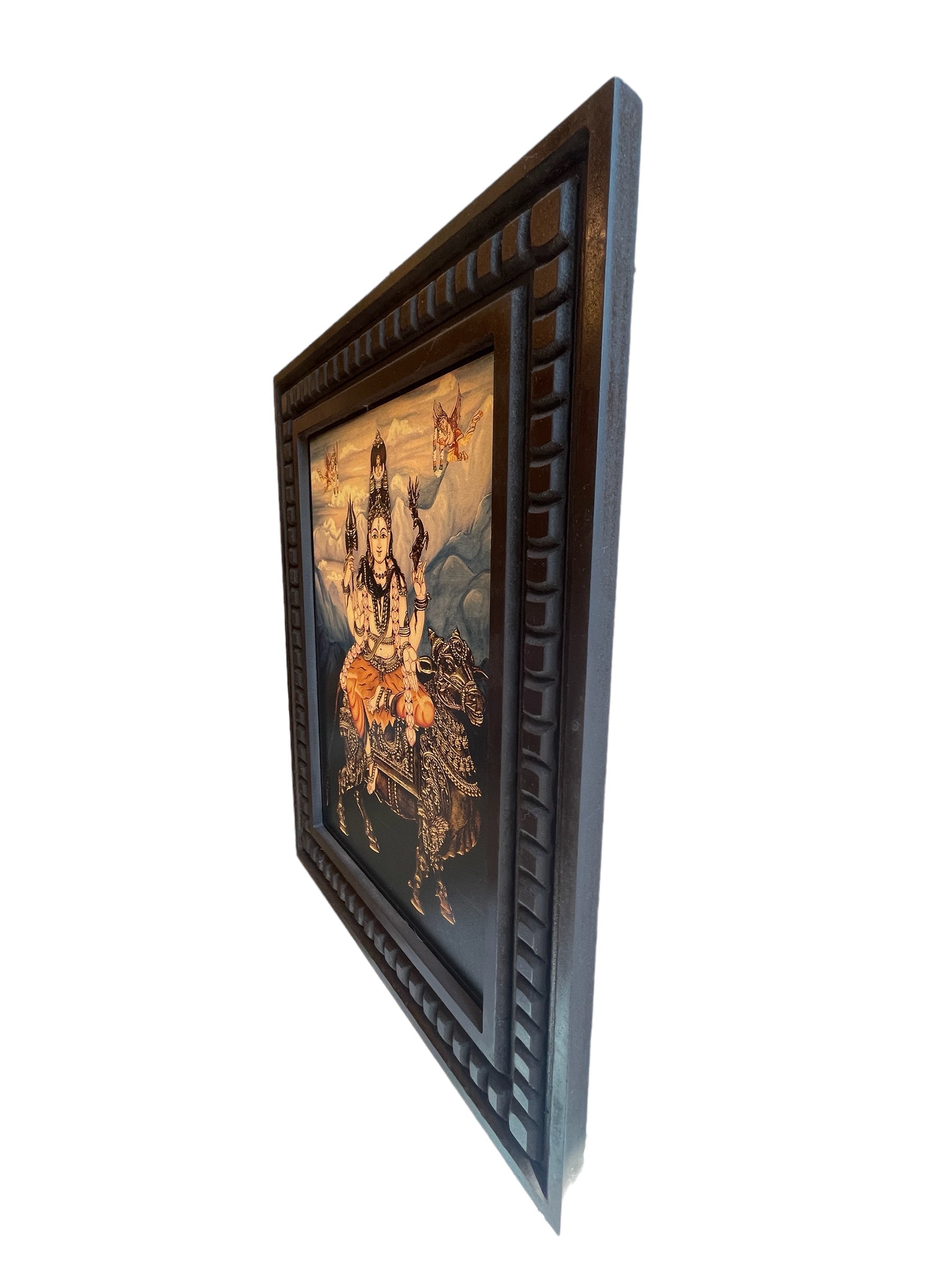 Shiva blessing seated on Vahan Nandi Gold Leafed Art With Wooden Frame
