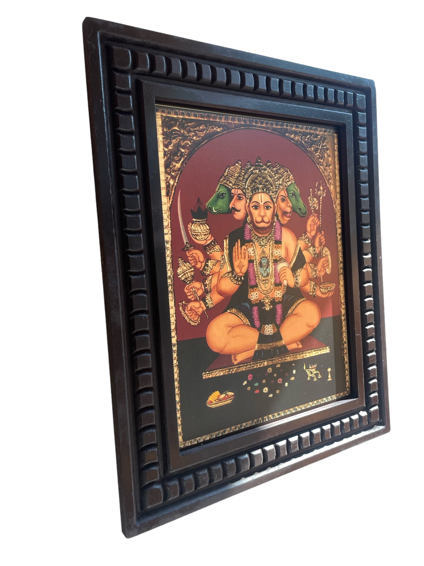 Gold Leafed Art Panchmukhi Hanuman With Wooden Frame