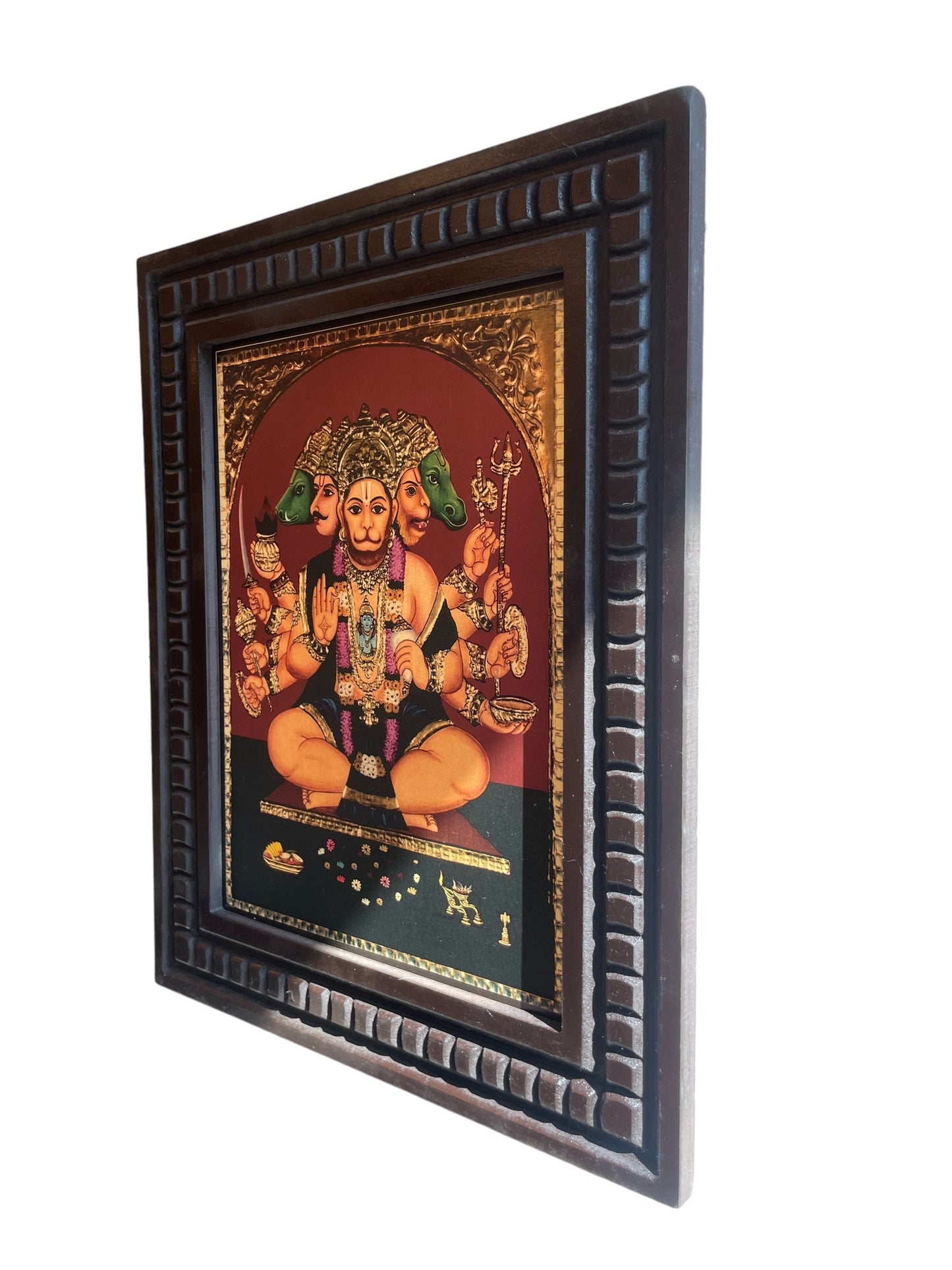 Gold Leafed Art Panchmukhi Hanuman With Wooden Frame