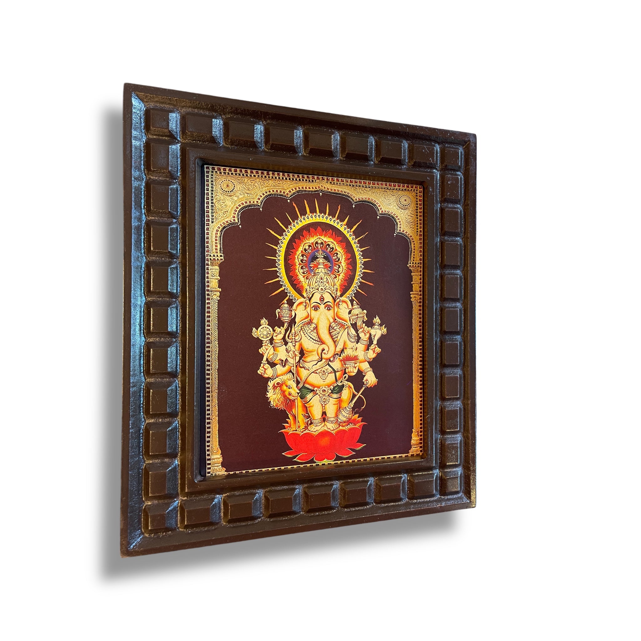 Dristi Ganesha Gold Leafed Artwork with Polished Engineered Wooden Frame