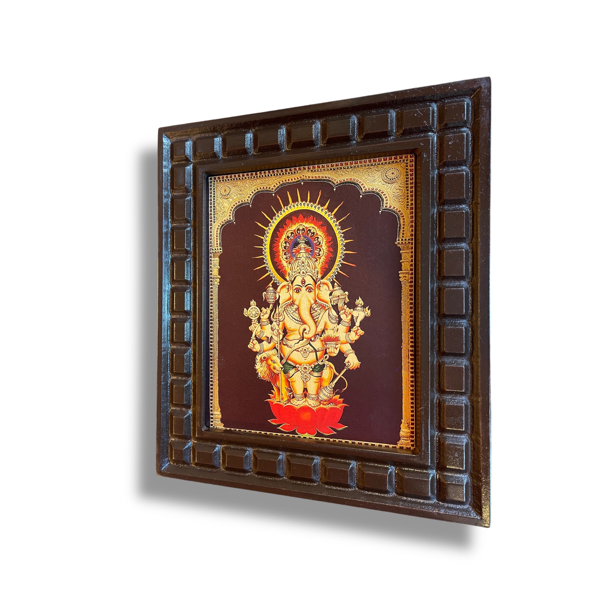 Dristi Ganesha Gold Leafed Artwork with Polished Engineered Wooden Frame