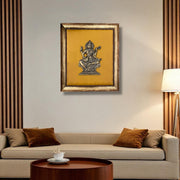 Brass Saraswati on Silk Backdrop in Antique Gold Resin Frame