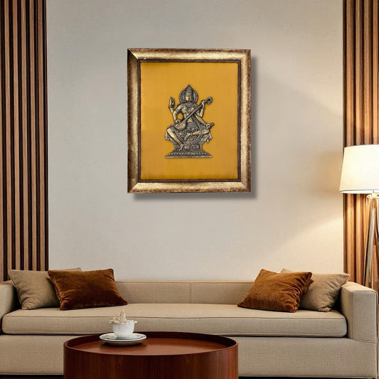 Brass Saraswati on Silk Backdrop in Wooden frame