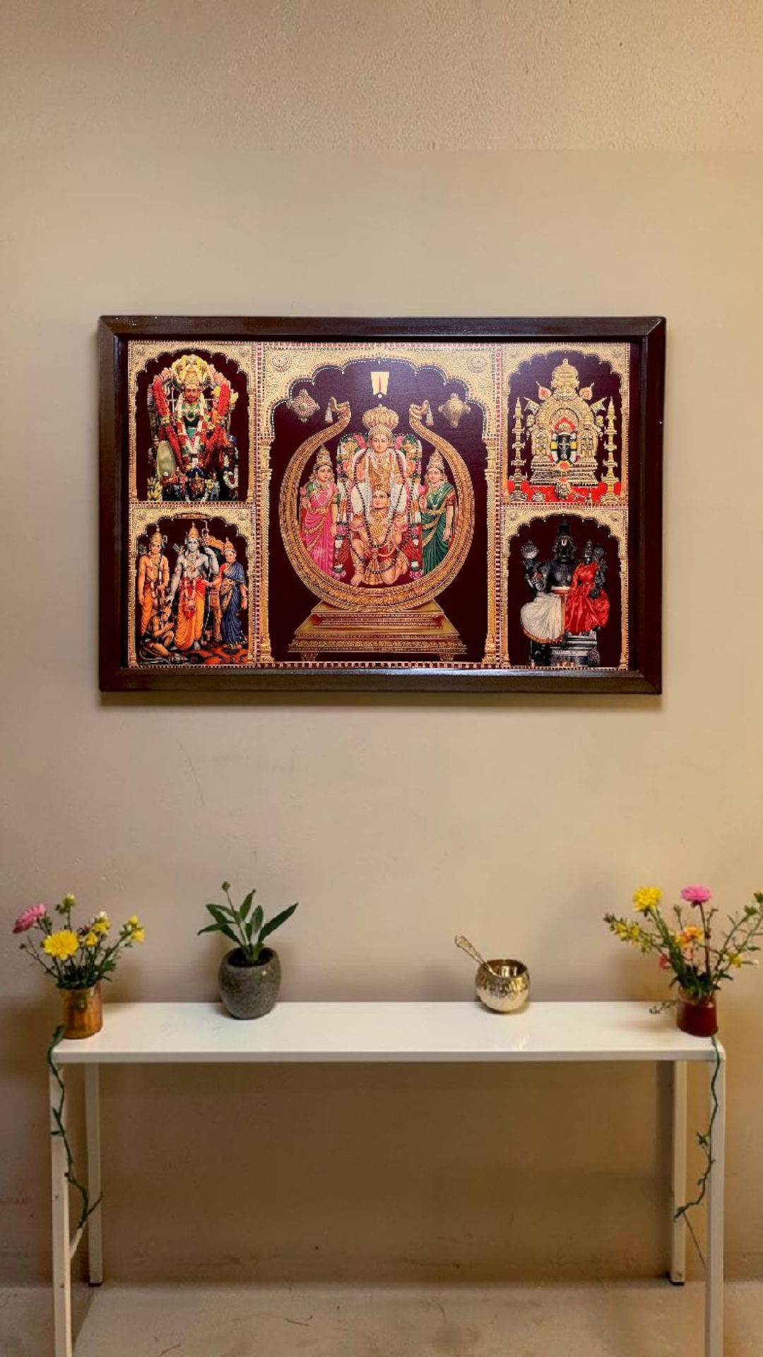 5 Gods in One Frame Gold Leaf Art | Premium Engineered Wooden Frame for Pooja Room & Home Decor.