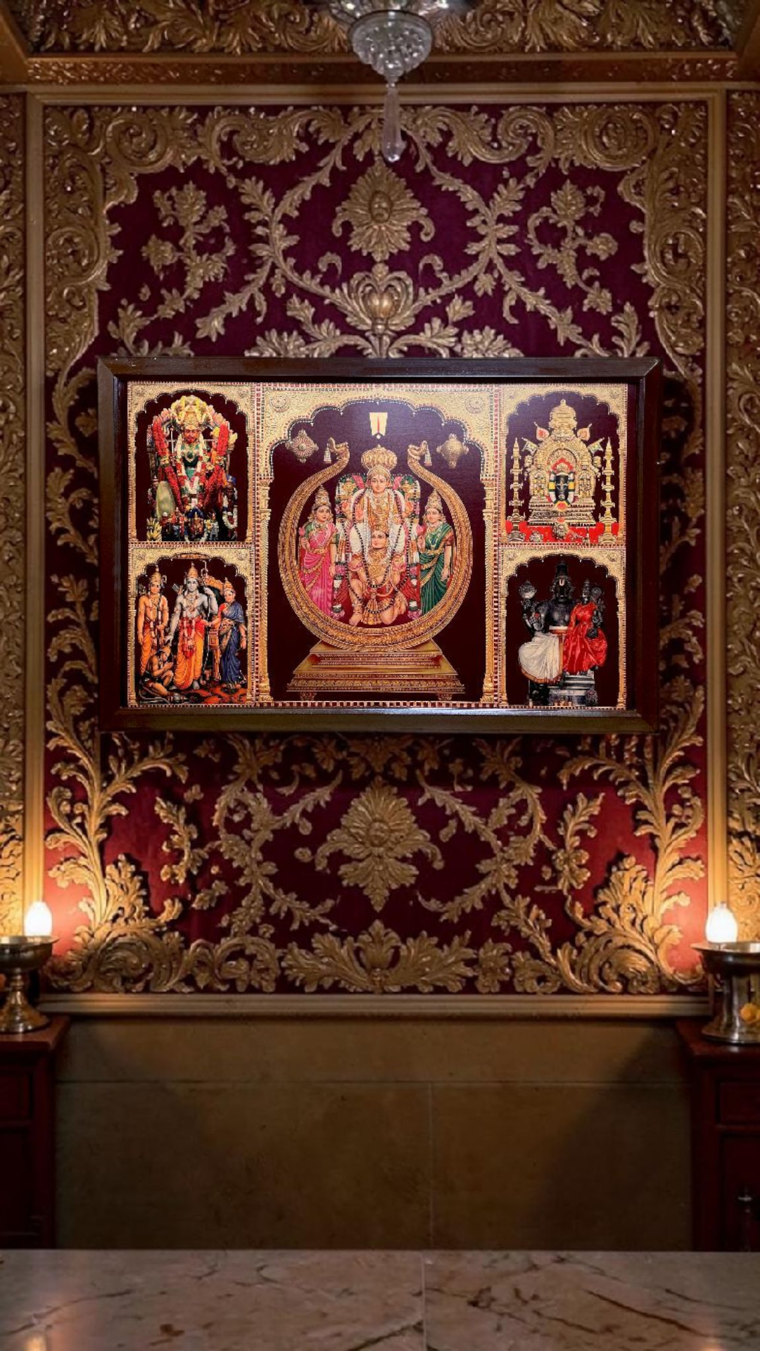 5 Gods in One Frame Gold Leaf Art | Premium Engineered Wooden Frame for Pooja Room & Home Decor.