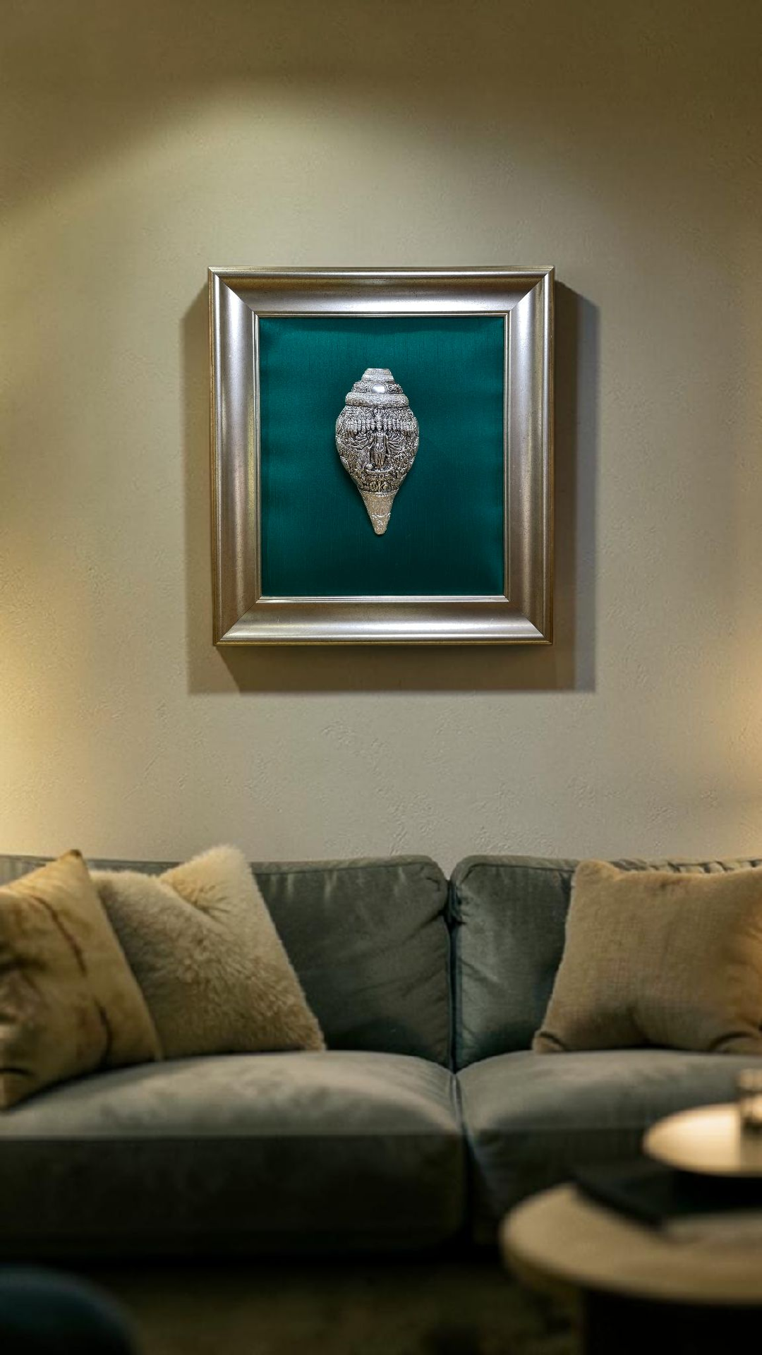 92.5 Sterling Silver Divine Wall Art on Green Silk Backdrop | Premium Resin Framed Luxury Decor.