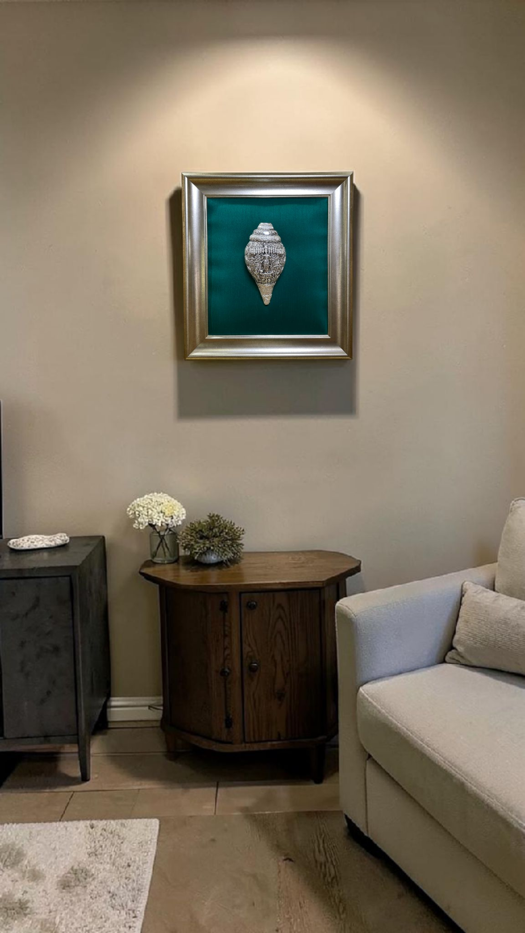 92.5 Sterling Silver Divine Wall Art on Green Silk Backdrop | Premium Resin Framed Luxury Decor.
