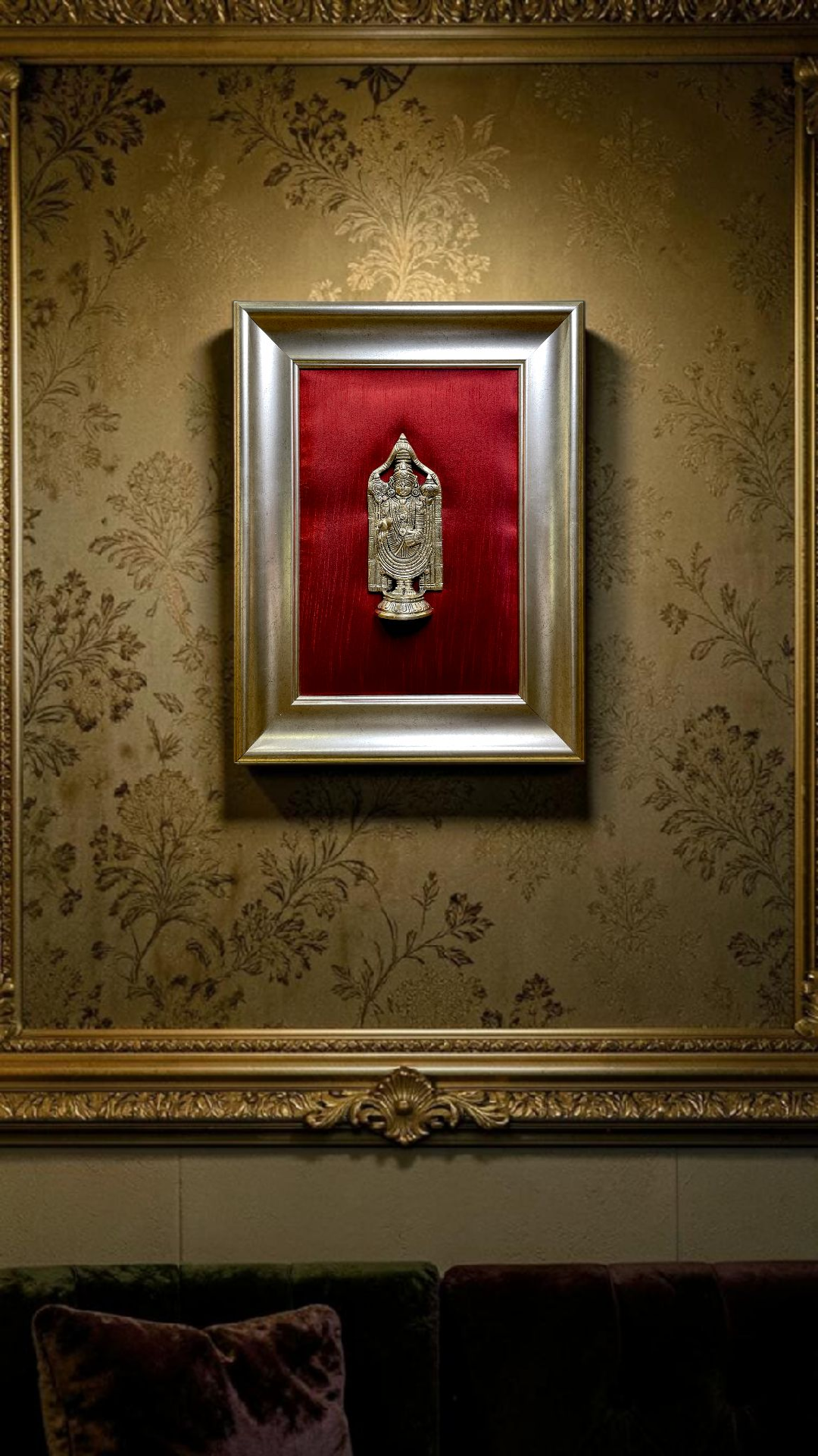 Luxury Brass Tirupati Wall Frame | Red Silk Backdrop Divine Decor | Premium Resin Frame Art.