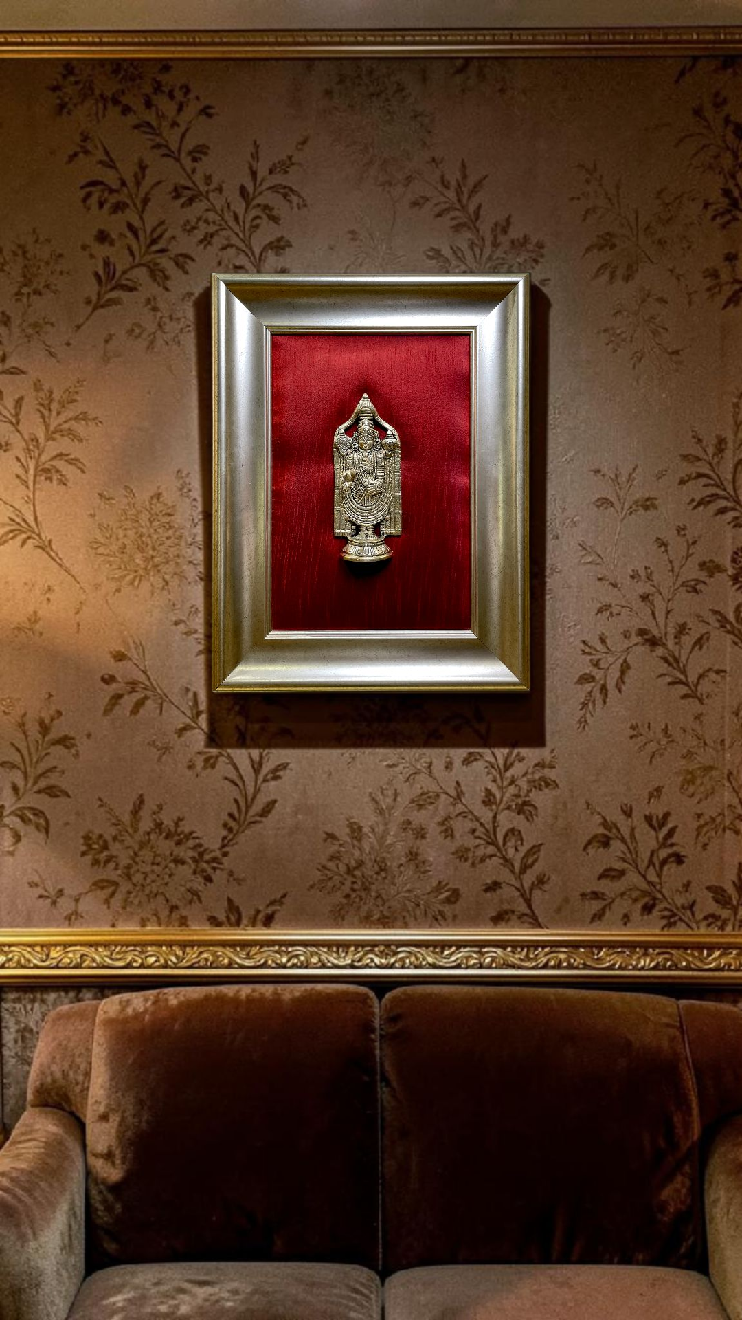 Luxury Brass Tirupati Wall Frame | Red Silk Backdrop Divine Decor | Premium Resin Frame Art.
