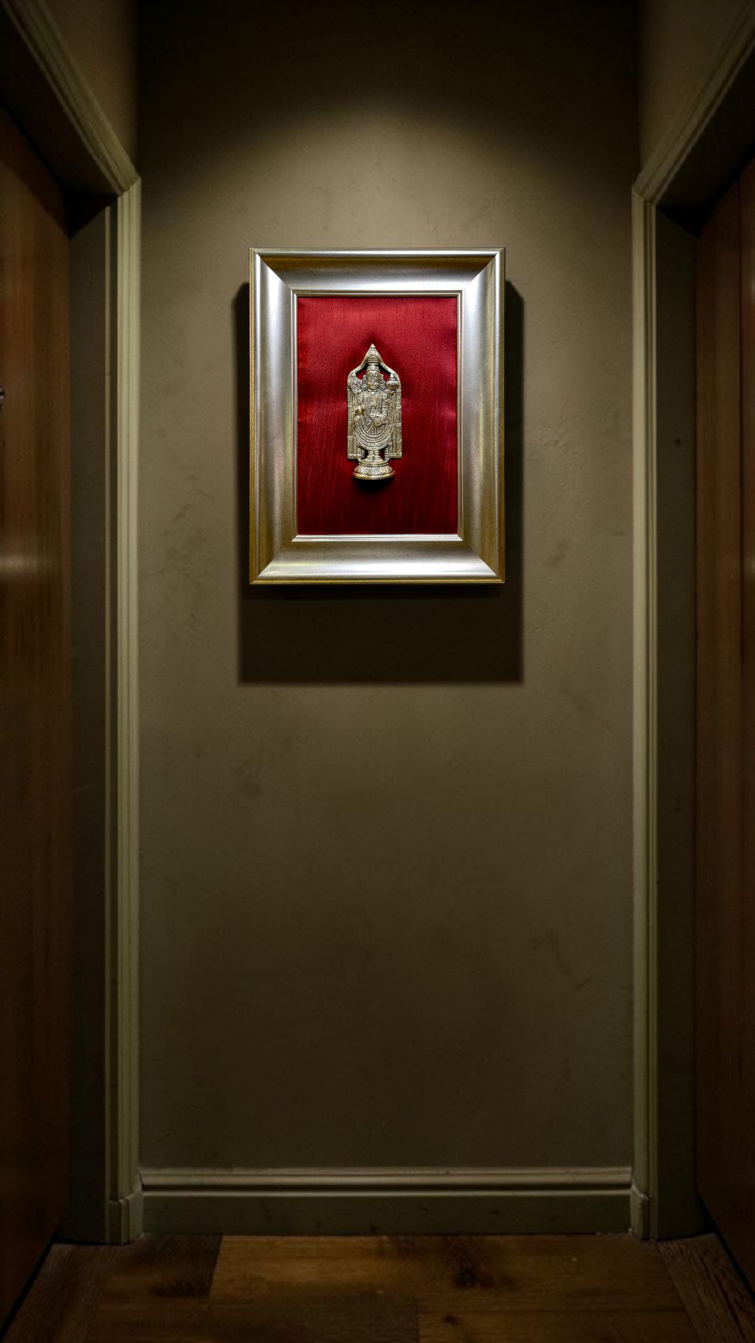 Luxury Brass Tirupati Wall Frame | Red Silk Backdrop Divine Decor | Premium Resin Frame Art.