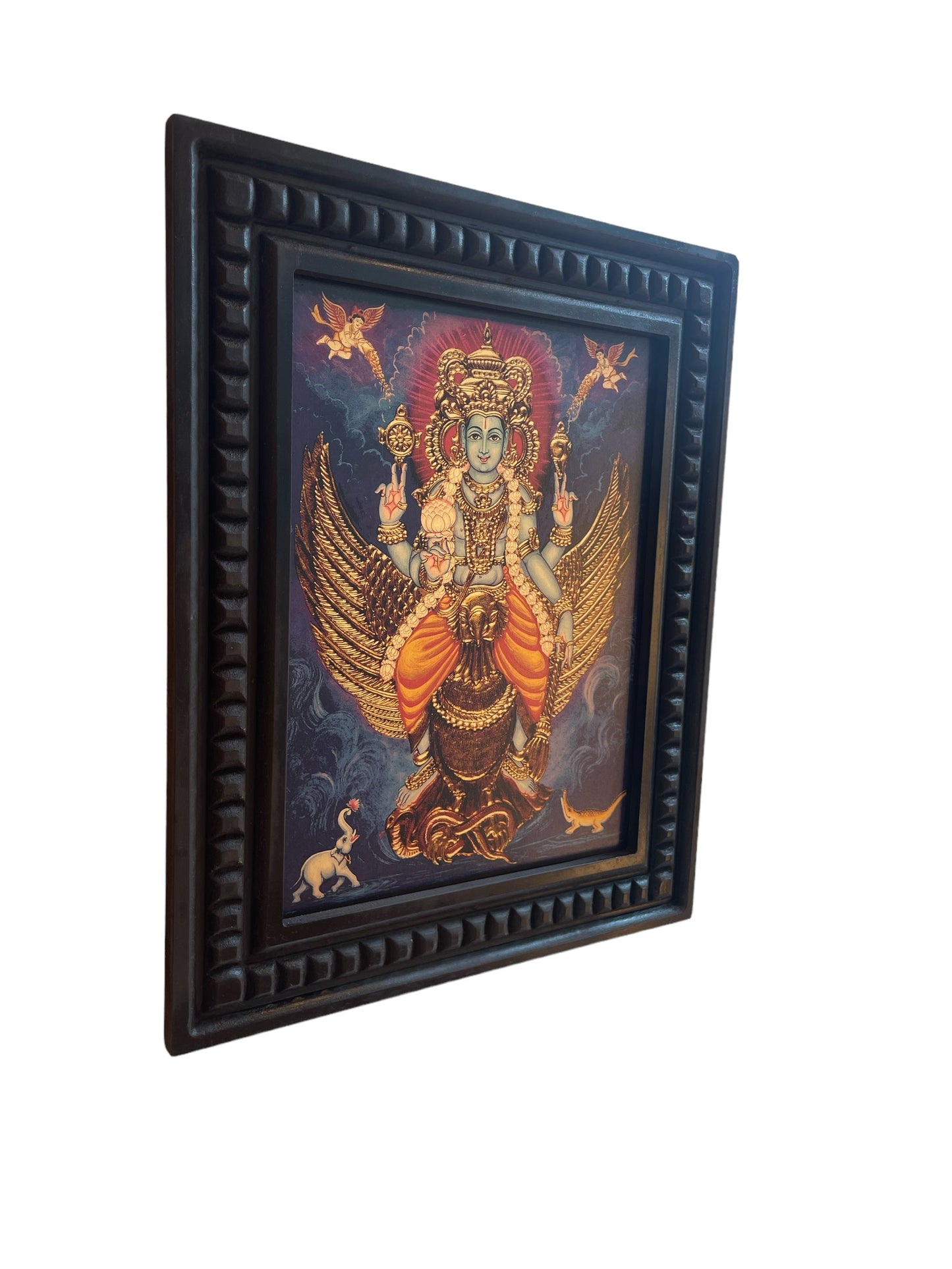 Gold Leafed Art Mahavishnu  seated on his vahan Garud  With Wooden Frame