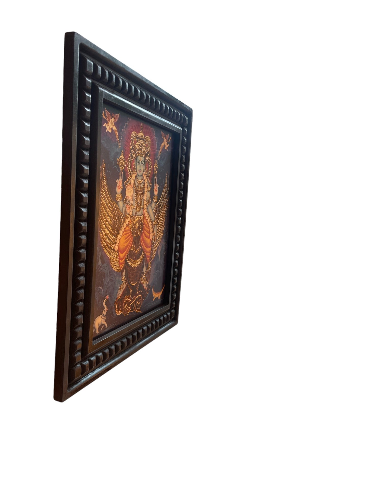 Gold Leafed Art Mahavishnu  seated on his vahan Garud  With Wooden Frame