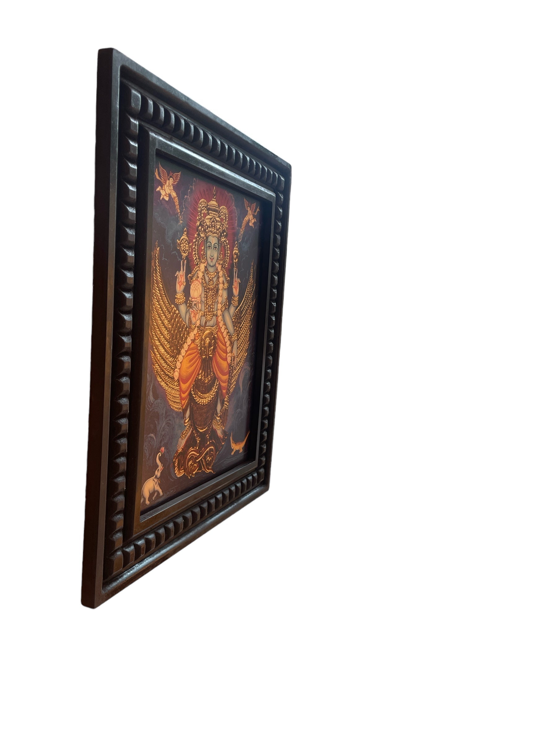 Vishnu: Mahavishnu  seated on his vahan Garud Gold Leafed Art  With Wooden Frame