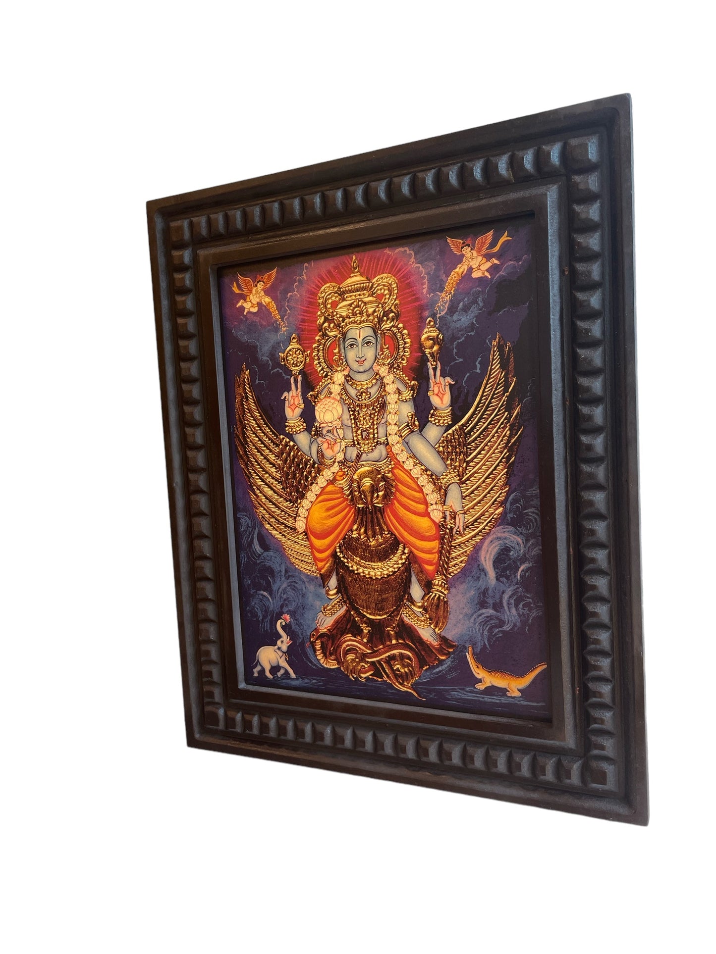 Gold Leafed Art Mahavishnu  seated on his vahan Garud  With Wooden Frame