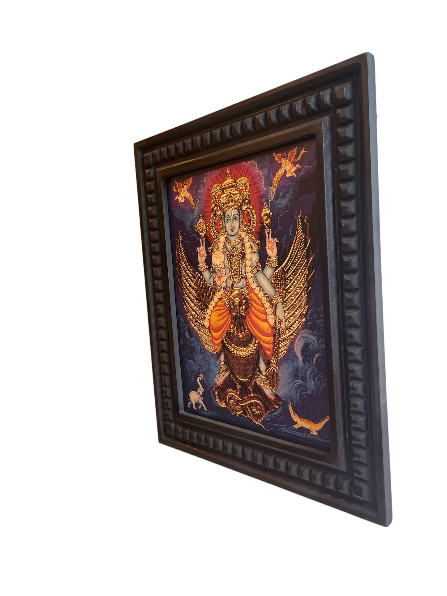 Gold Leafed Art Mahavishnu  seated on his vahan Garud  With Wooden Frame