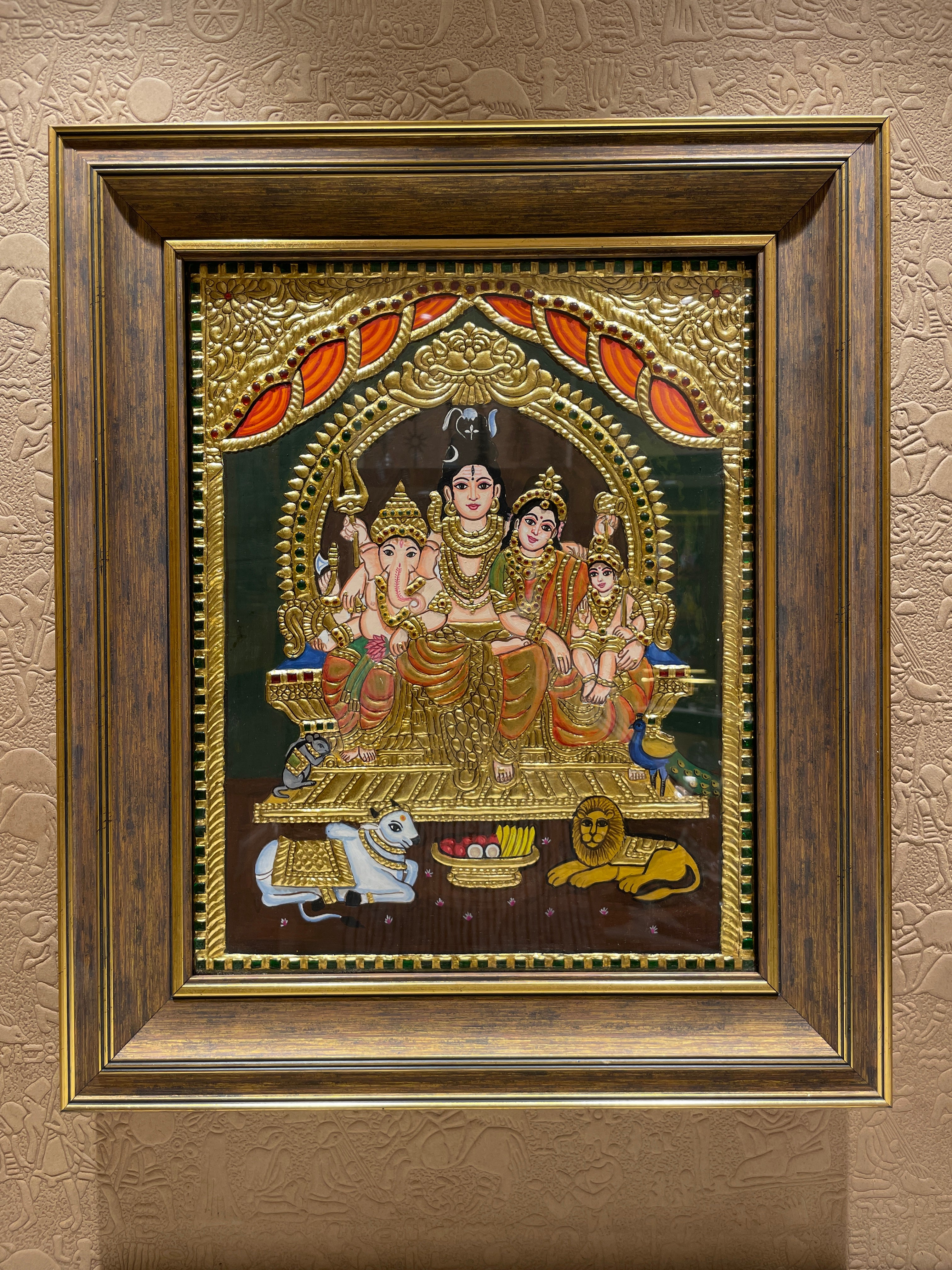 Shiva Parivar Tanjore Painting with Rigsin Frame | Traditional Pooja Room Wall Decor