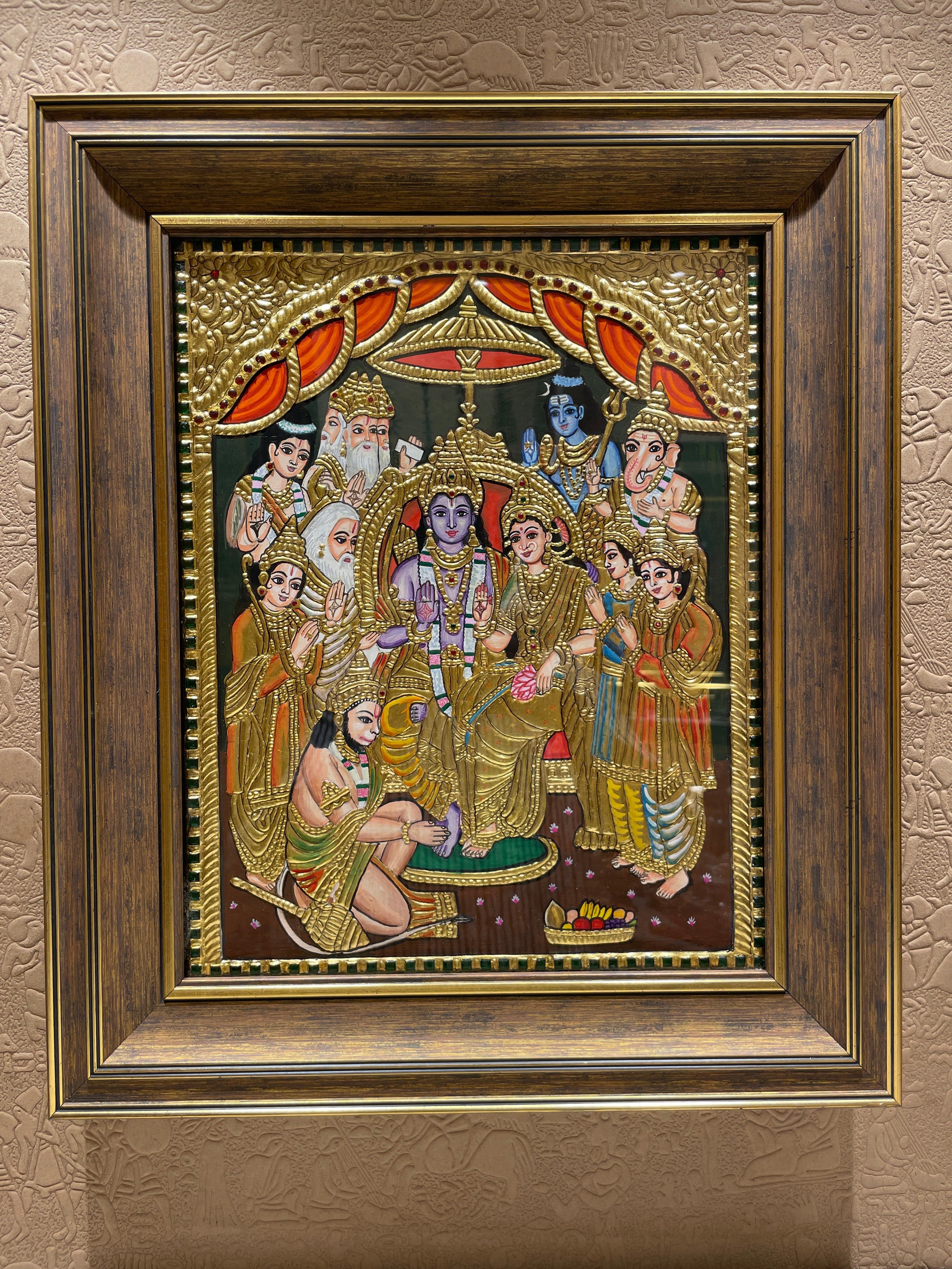 Rama Parivar Tanjore Painting with Rigsin Frame | Traditional Pooja Room Wall Decor