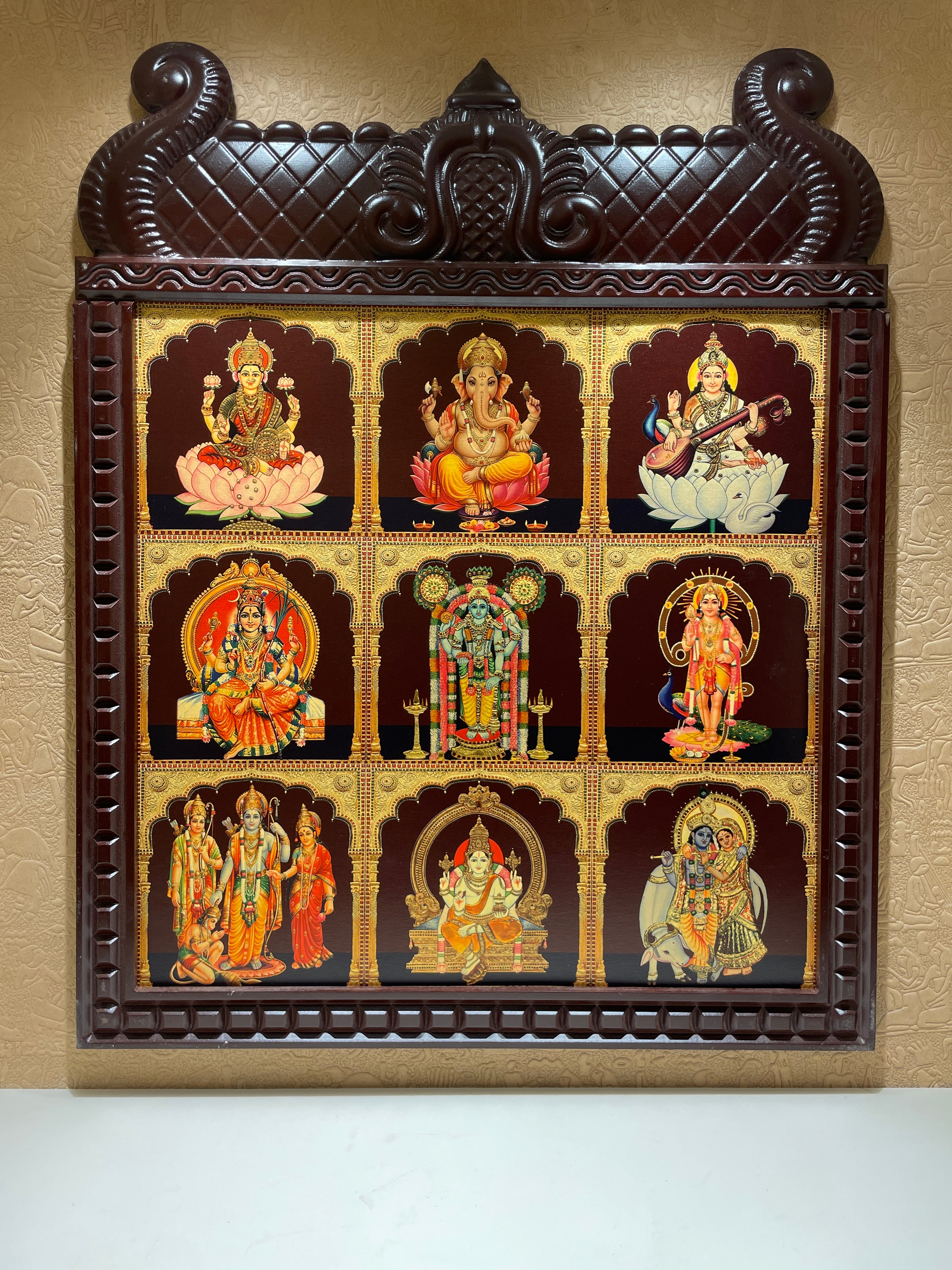 9 Divine Gods Gold Leaf Art, Engineer Wooden Frame | Wall Decor for Pooja Room