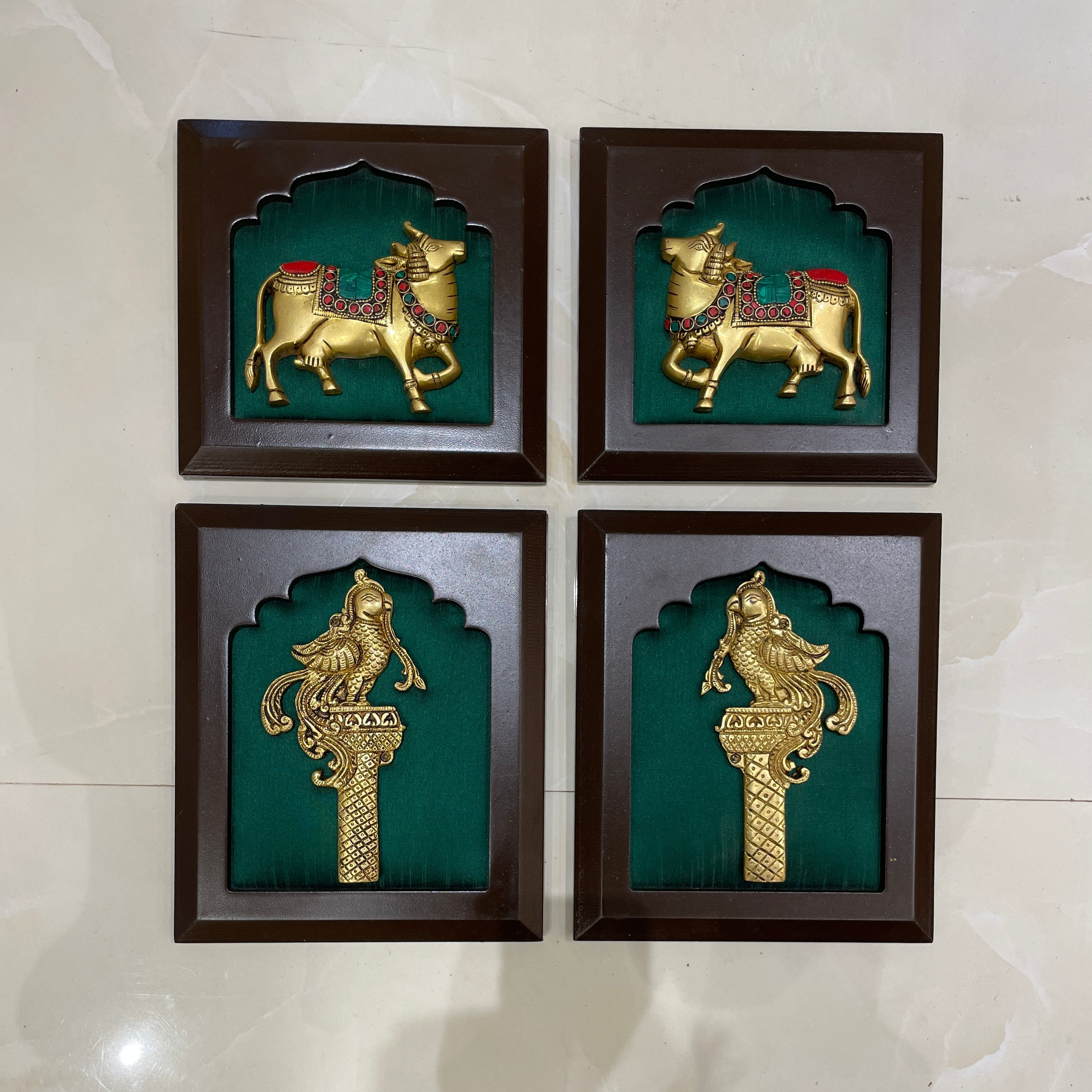 Brass Kamadhenu & Parrot Wall Decor | Premium Wooden Frame Art for Luxury Home Interiors