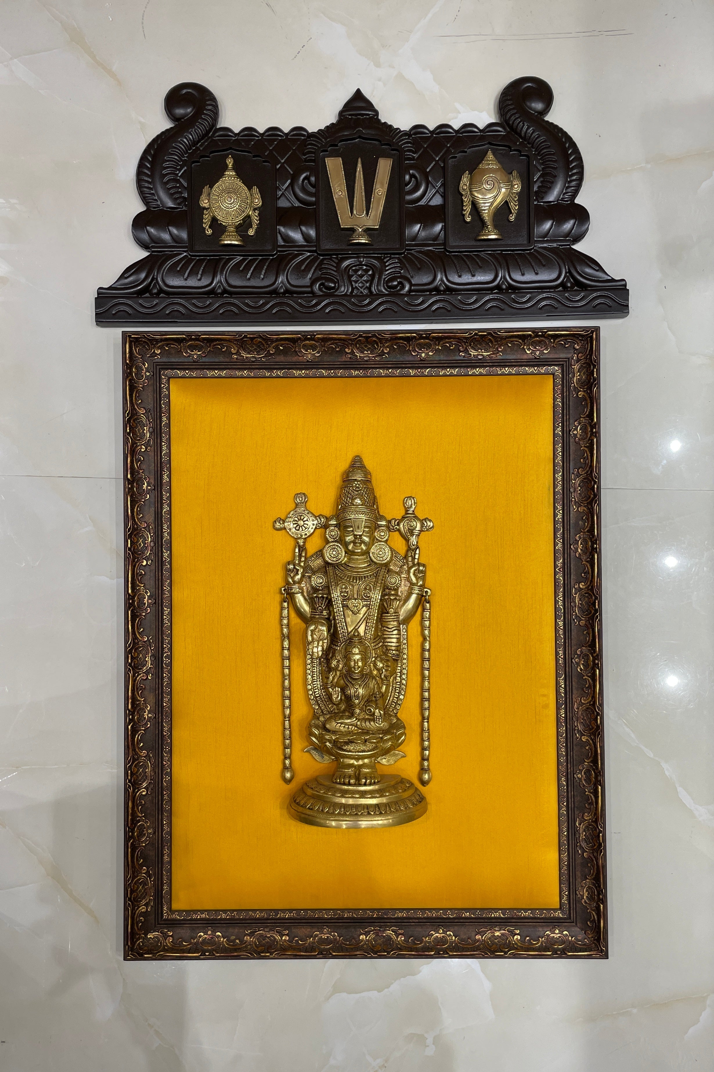 Brass Tirupati Balaji Wall Decor with Wooden Frame | Premium Pooja Room Art.