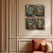 Divine Elements Wall Art Set of 4– Kalpavriksha, Kamadhenu, Lotus & Parrot in Brass Finish.