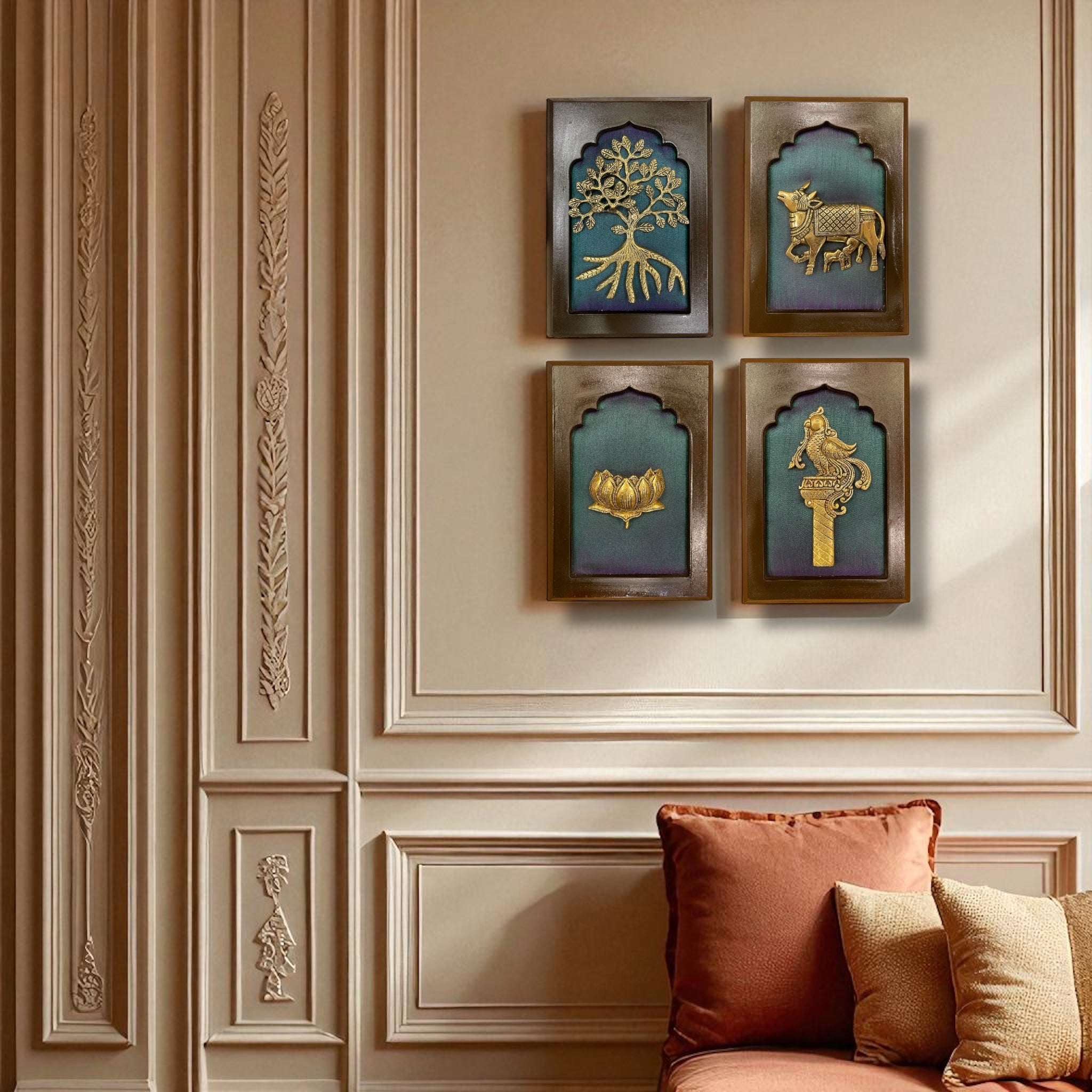 Divine Elements Wall Art Set of 4– Kalpavriksha, Kamadhenu, Lotus & Parrot in Brass Finish.