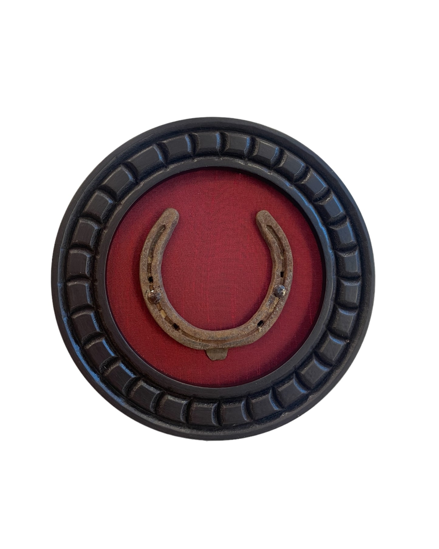 Good Luck Horse Shoe Natural with wine red silk backdrop  carved circular wooden  frame