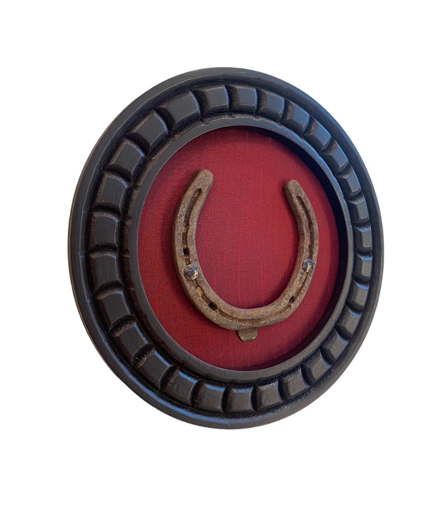 Good Luck Horse Shoe Natural with wine red silk backdrop  carved circular wooden  frame