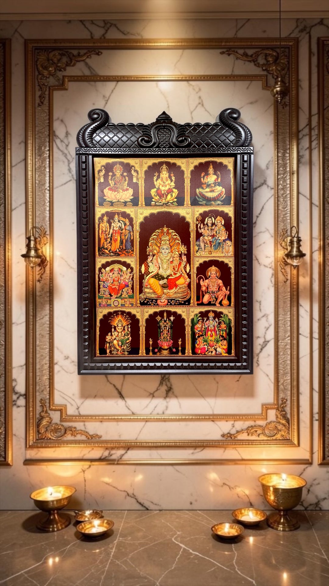11 In 1 Gold Leaf Divine Frame Art | Premium Engineered Wooden Frame for Pooja Room Décor