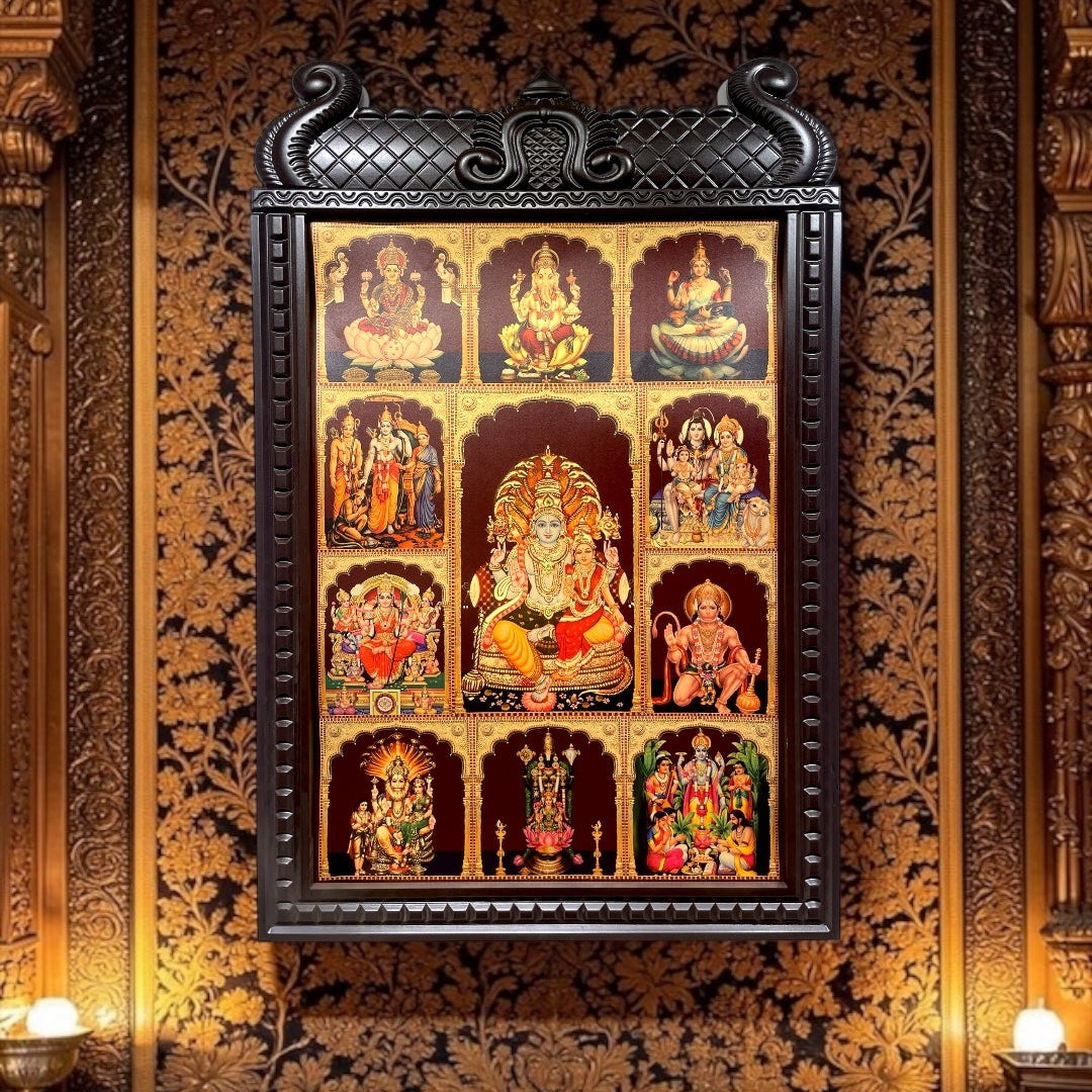 11 In 1 Gold Leaf Divine Frame Art | Premium Engineered Wooden Frame for Pooja Room Décor