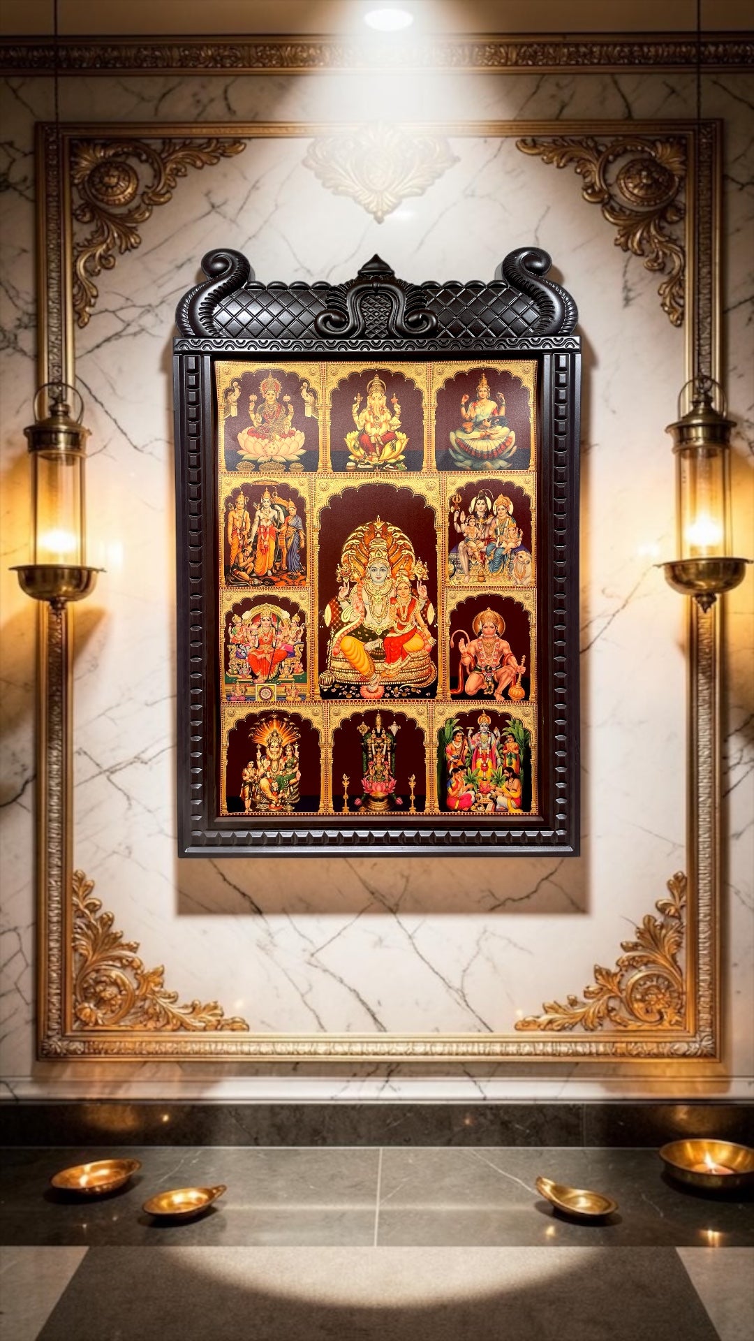 11 In 1 Gold Leaf Divine Frame Art | Premium Engineered Wooden Frame for Pooja Room Décor