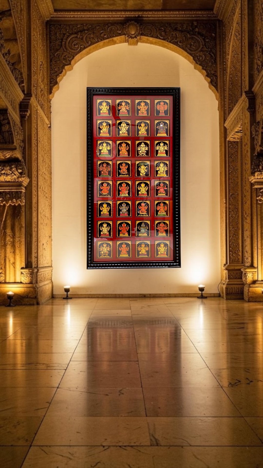 32 Forms of Gold Leaf Ganapati Art Frame – Premium Red Silk Backdrop Wall Decor with Engineer Wooden Frame | 79.5 x 41.5 Inches