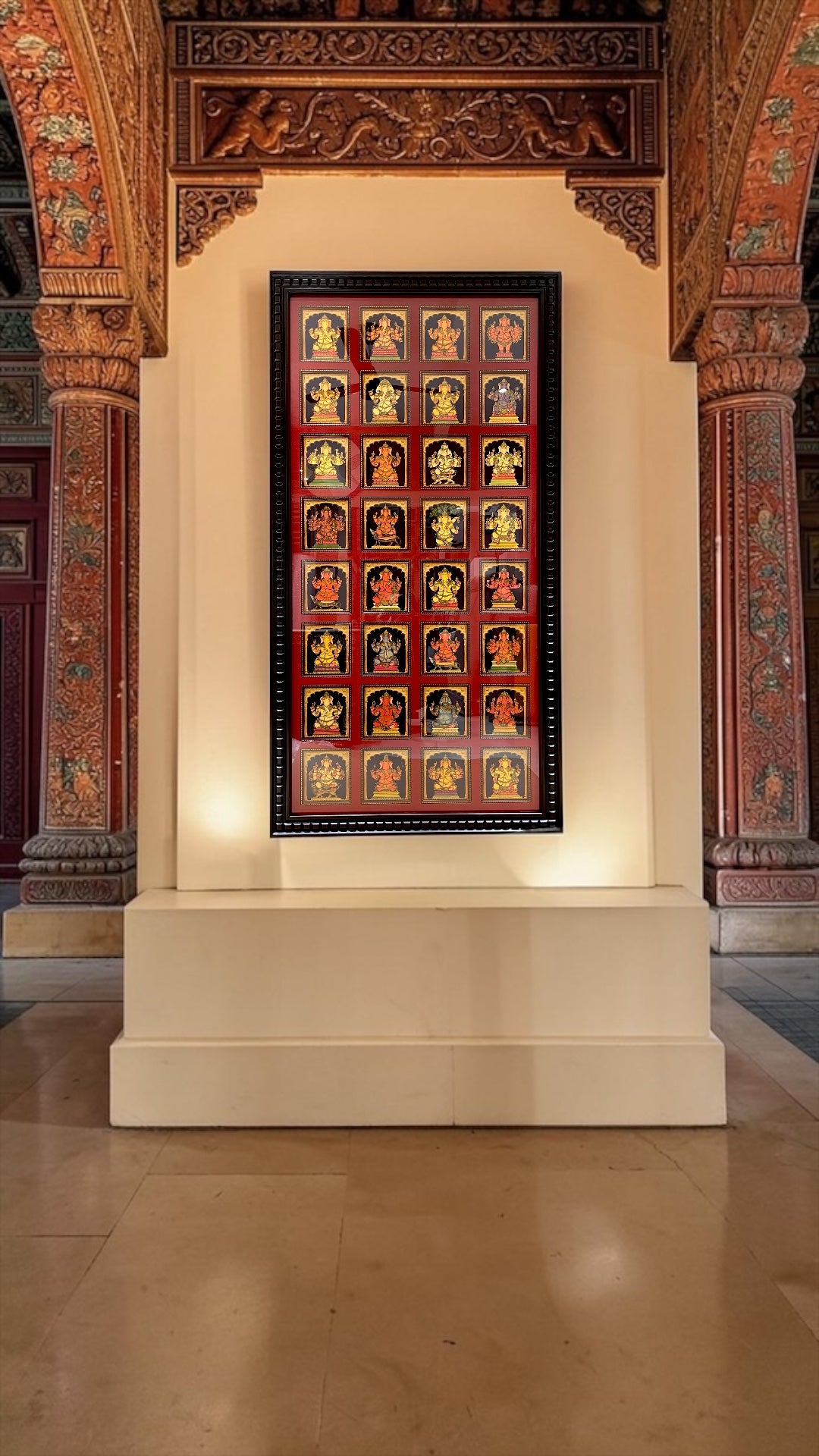 32 Forms of Gold Leaf Ganapati Art Frame – Premium Red Silk Backdrop Wall Decor with Engineer Wooden Frame | 79.5 x 41.5 Inches