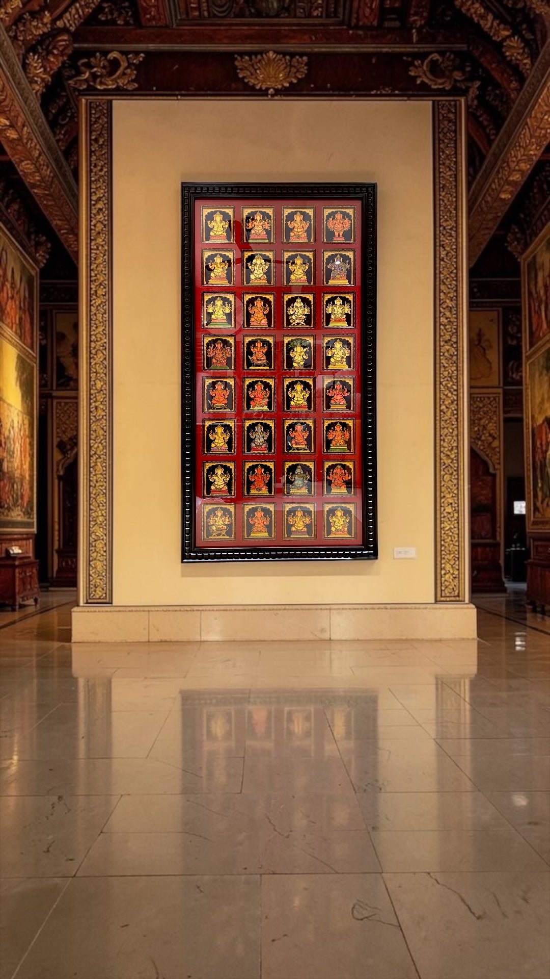 32 Forms of Gold Leaf Ganapati Art Frame – Premium Red Silk Backdrop Wall Decor with Engineer Wooden Frame | 79.5 x 41.5 Inches