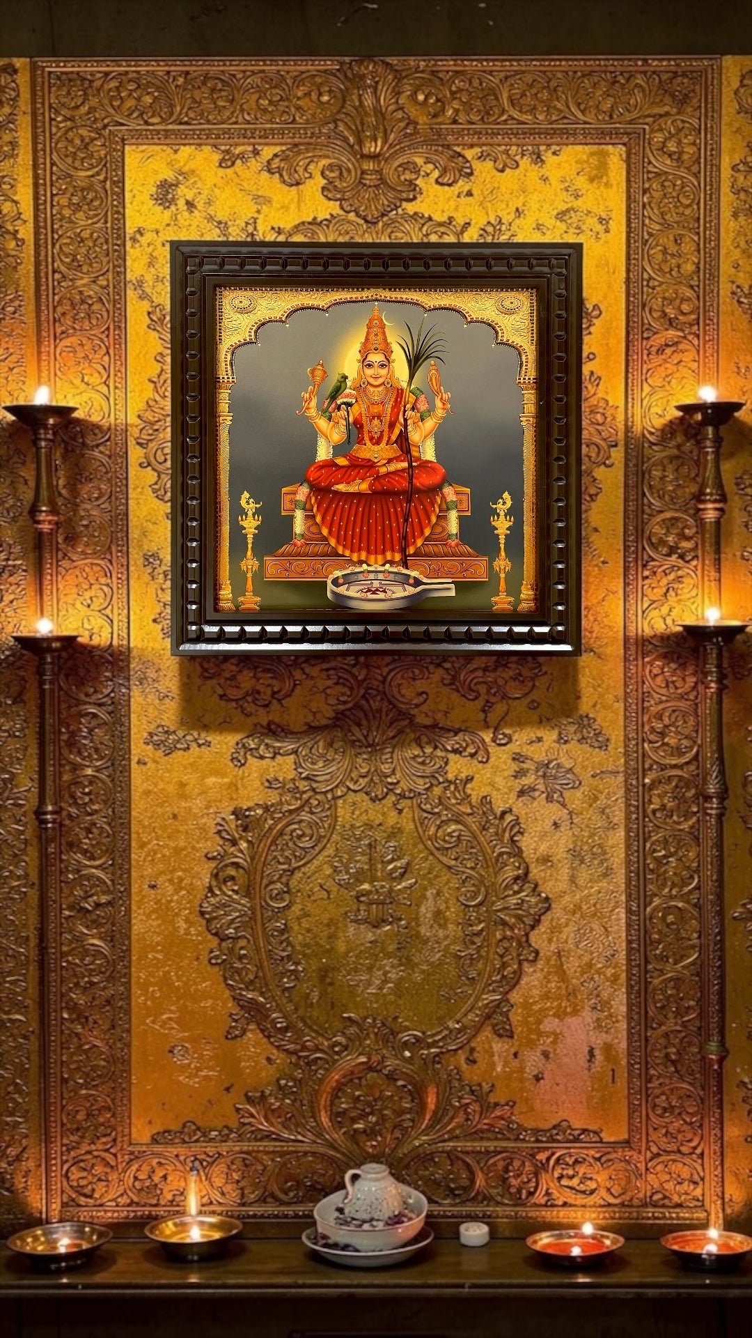 Rajarajeshwari Gold Leaf Wall Art with Engineer Wooden Frame | Luxury Pooja Room Decor
