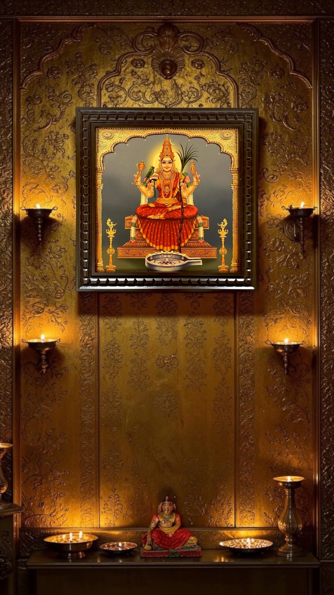 Rajarajeshwari Gold Leaf Wall Art with Engineer Wooden Frame | Luxury Pooja Room Decor