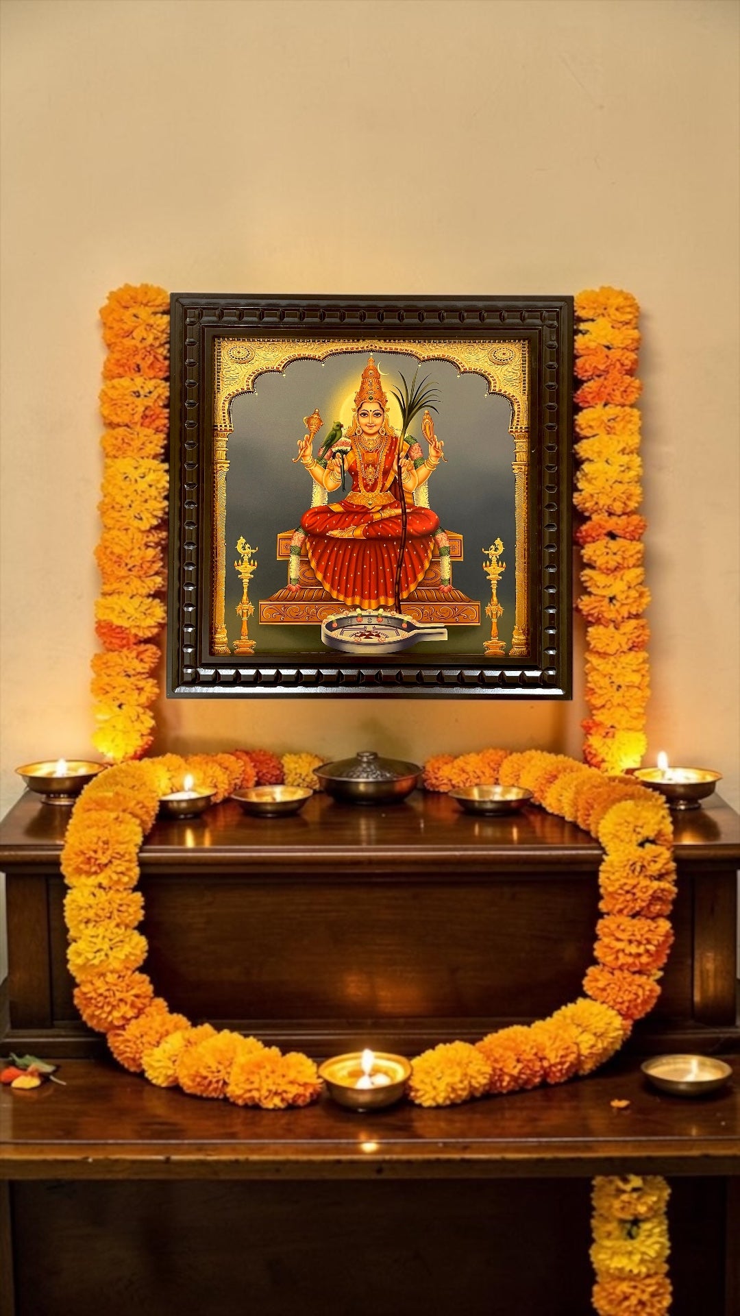 Rajarajeshwari Gold Leaf Wall Art with Engineer Wooden Frame | Luxury Pooja Room Decor