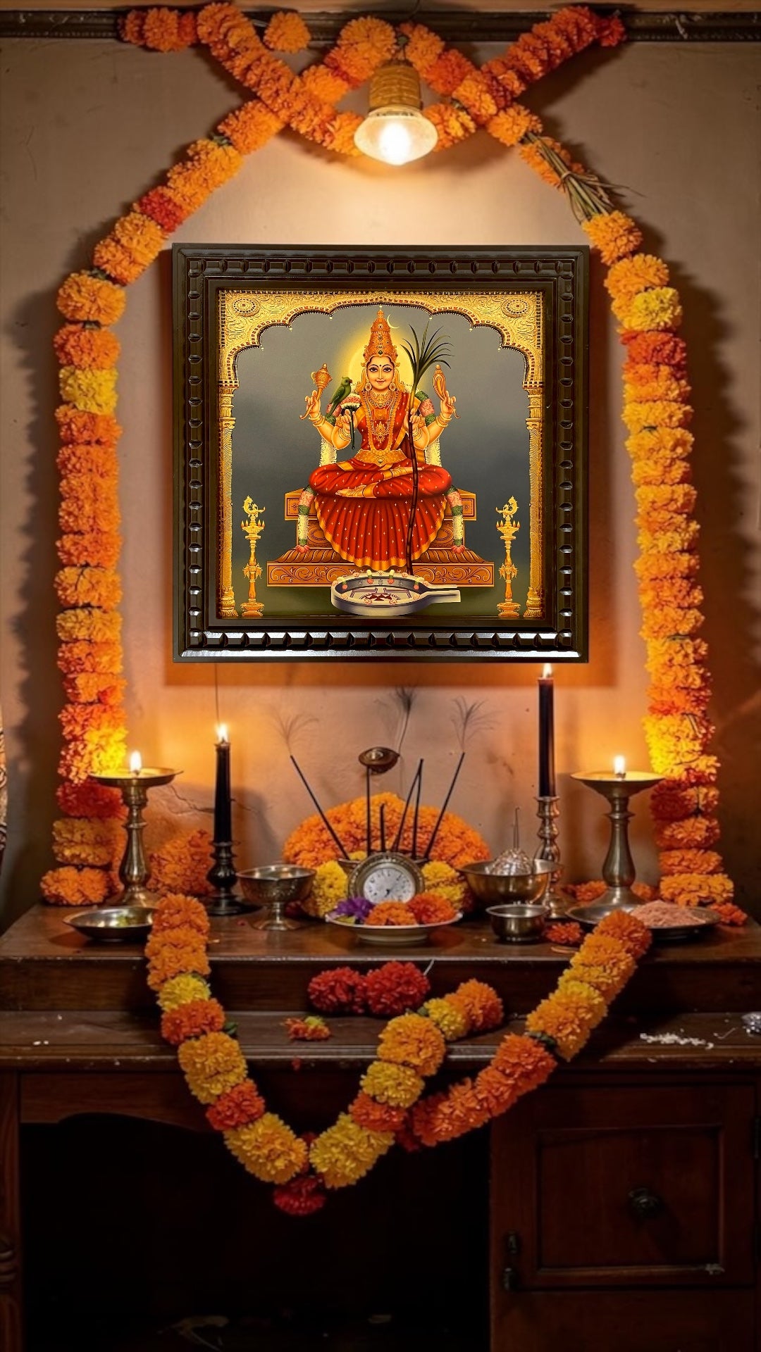 Rajarajeshwari Gold Leaf Wall Art with Engineer Wooden Frame | Luxury Pooja Room Decor
