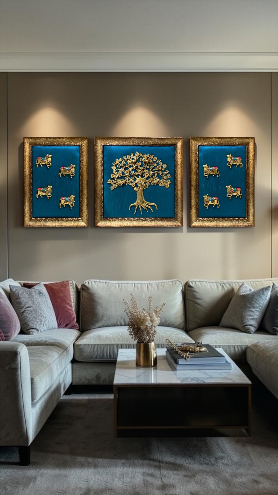 Brass Kalpavriksha with Kamadhenu Wall Art | Blue Silk Backdrop | Luxury Home Decor