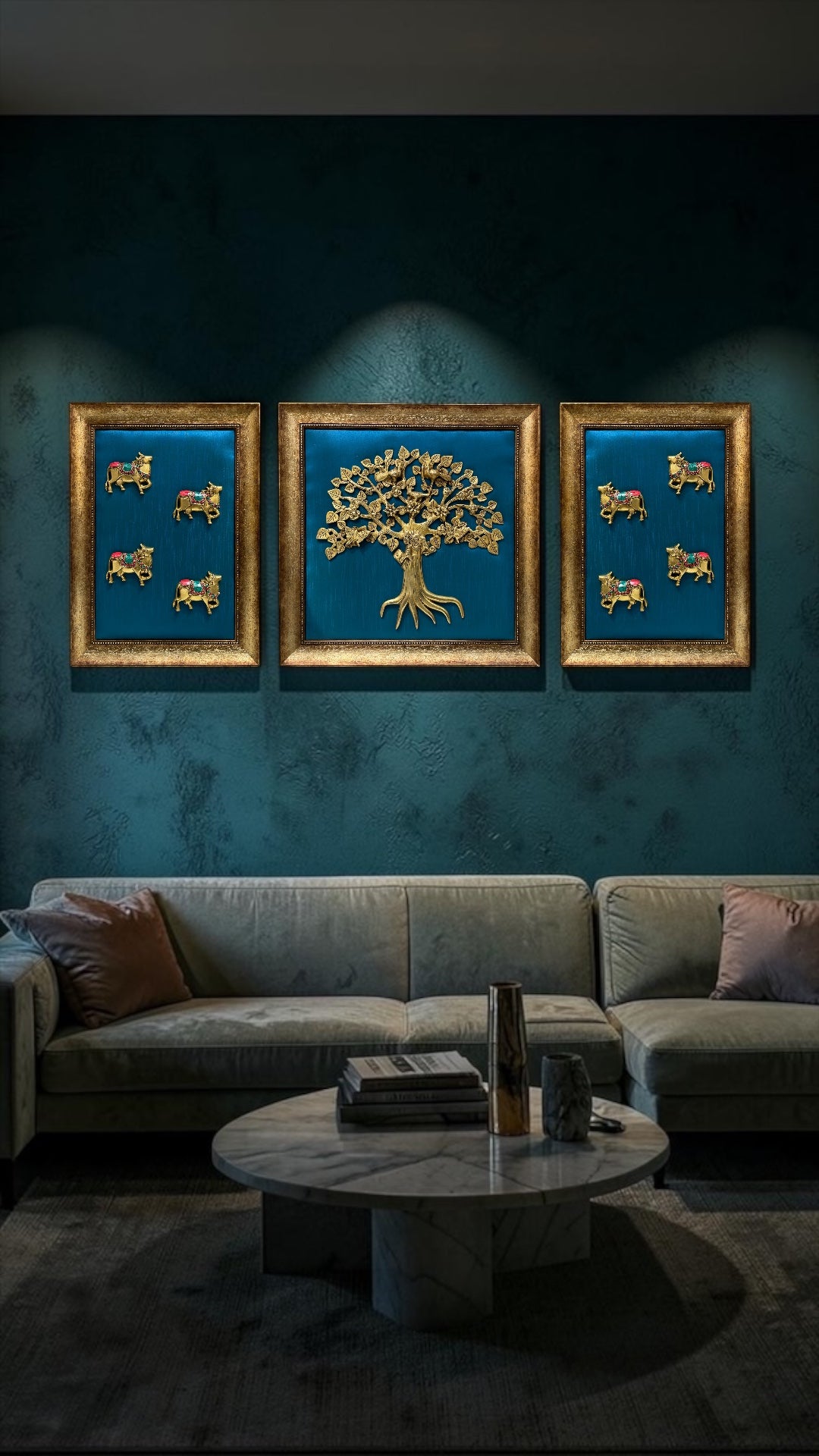 Brass Kalpavriksha with Kamadhenu Wall Art | Blue Silk Backdrop | Luxury Home Decor