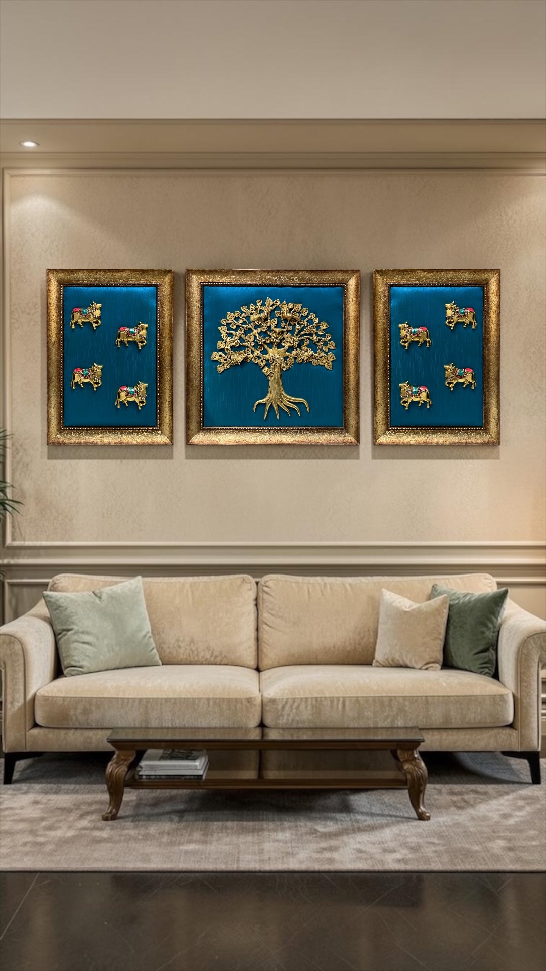 Brass Kalpavriksha with Kamadhenu Wall Art | Blue Silk Backdrop | Luxury Home Decor