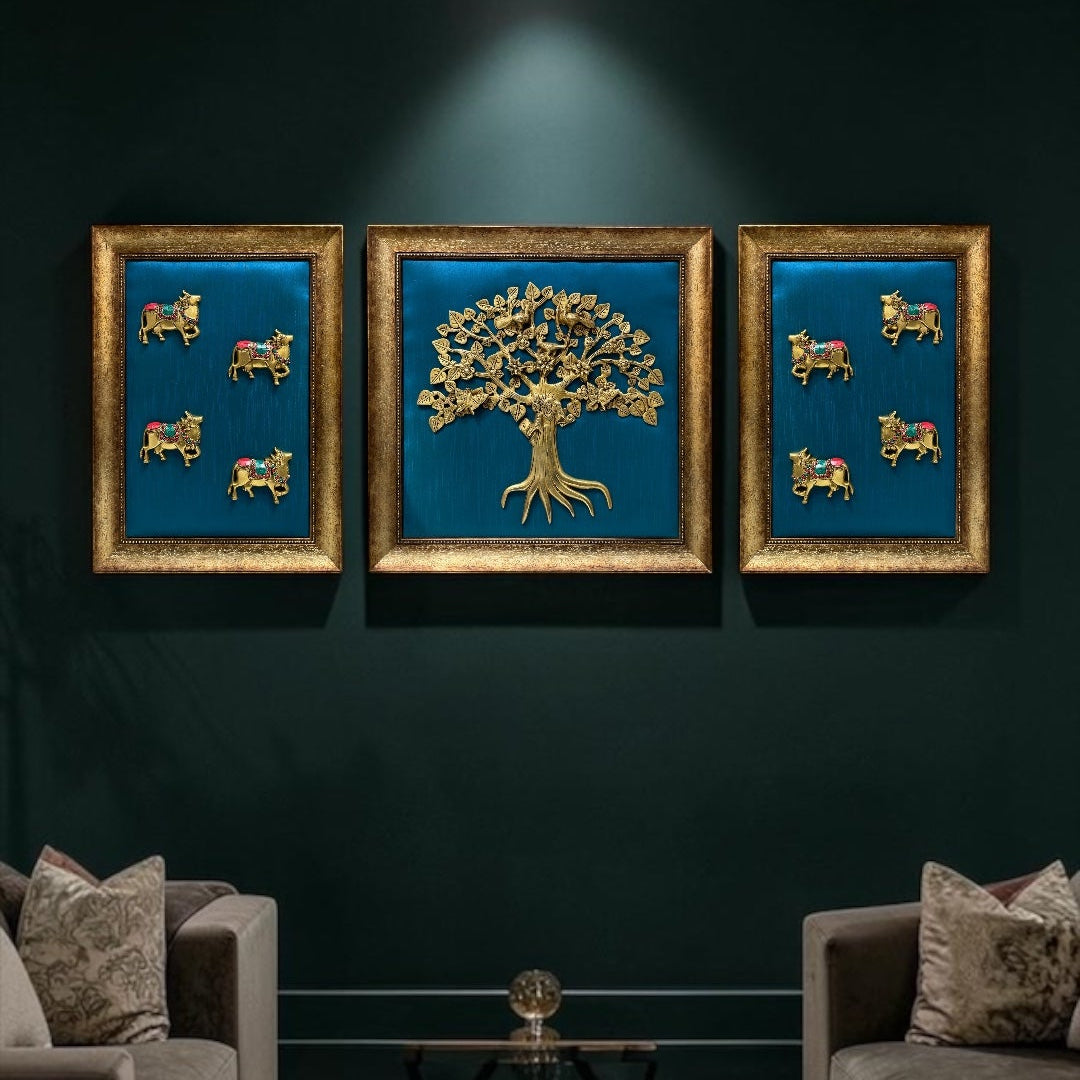 Brass Kalpavriksha with Kamadhenu Wall Art | Blue Silk Backdrop | Luxury Home Decor