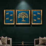 Brass Kalpavriksha with Kamadhenu Wall Art | Blue Silk Backdrop | Luxury Home Decor