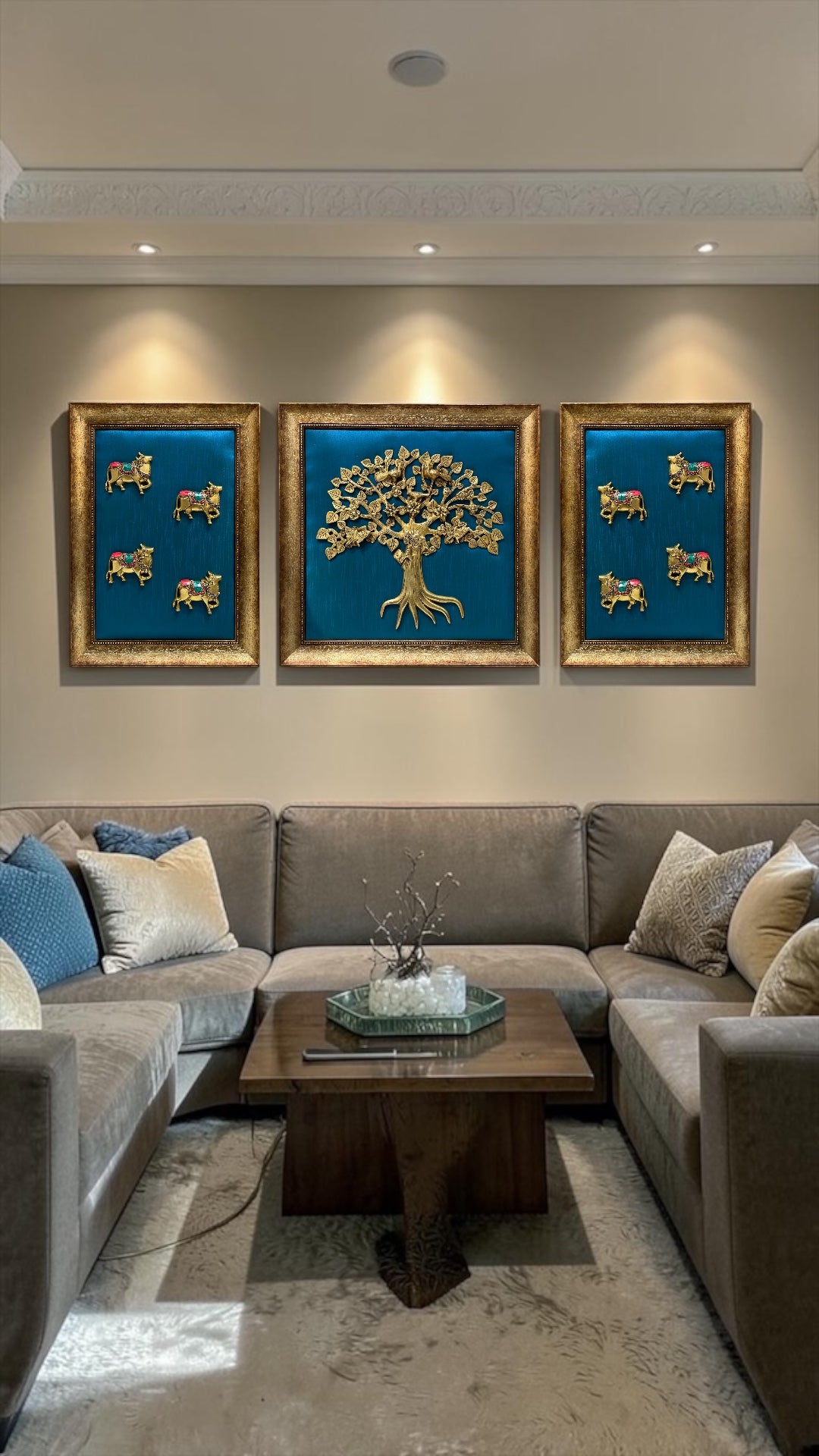 Brass Kalpavriksha with Kamadhenu Wall Art | Blue Silk Backdrop | Luxury Home Decor