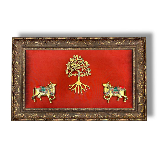 Brass Kalpavriksha with Kamadhenu Cows – Traditional Wall Art Frame