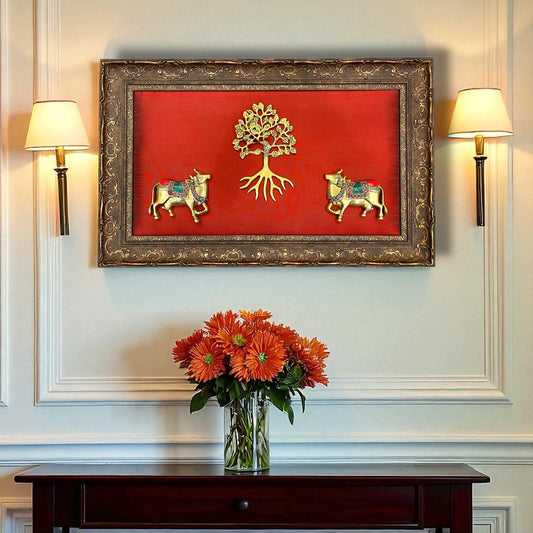Brass Kalpavriksha with Kamadhenu Cows – Traditional Wall Art Frame