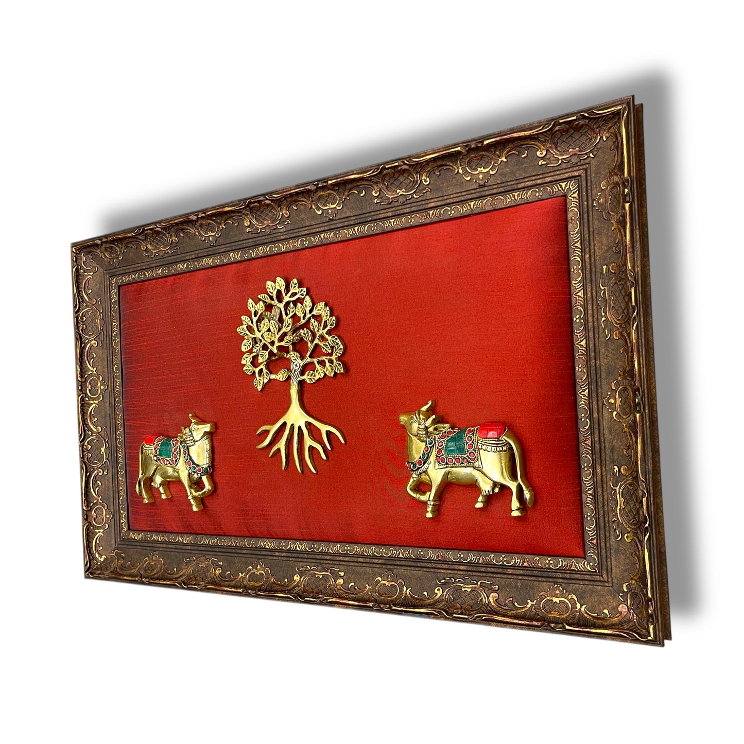 Brass Kalpavriksha with Kamadhenu Cows – Traditional Wall Art Frame