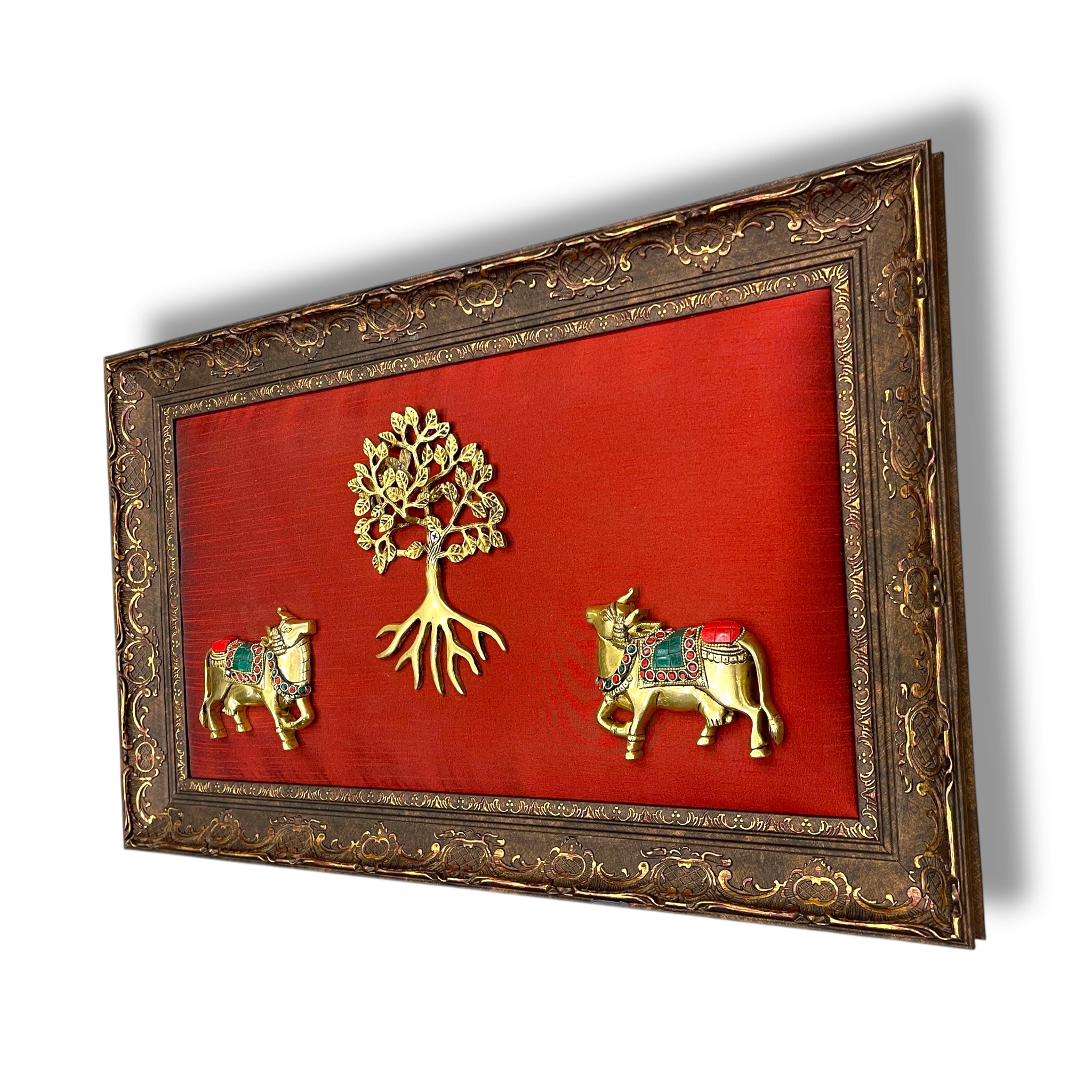Brass Kalpavriksha with Kamadhenu Cows – Traditional Wall Art Frame